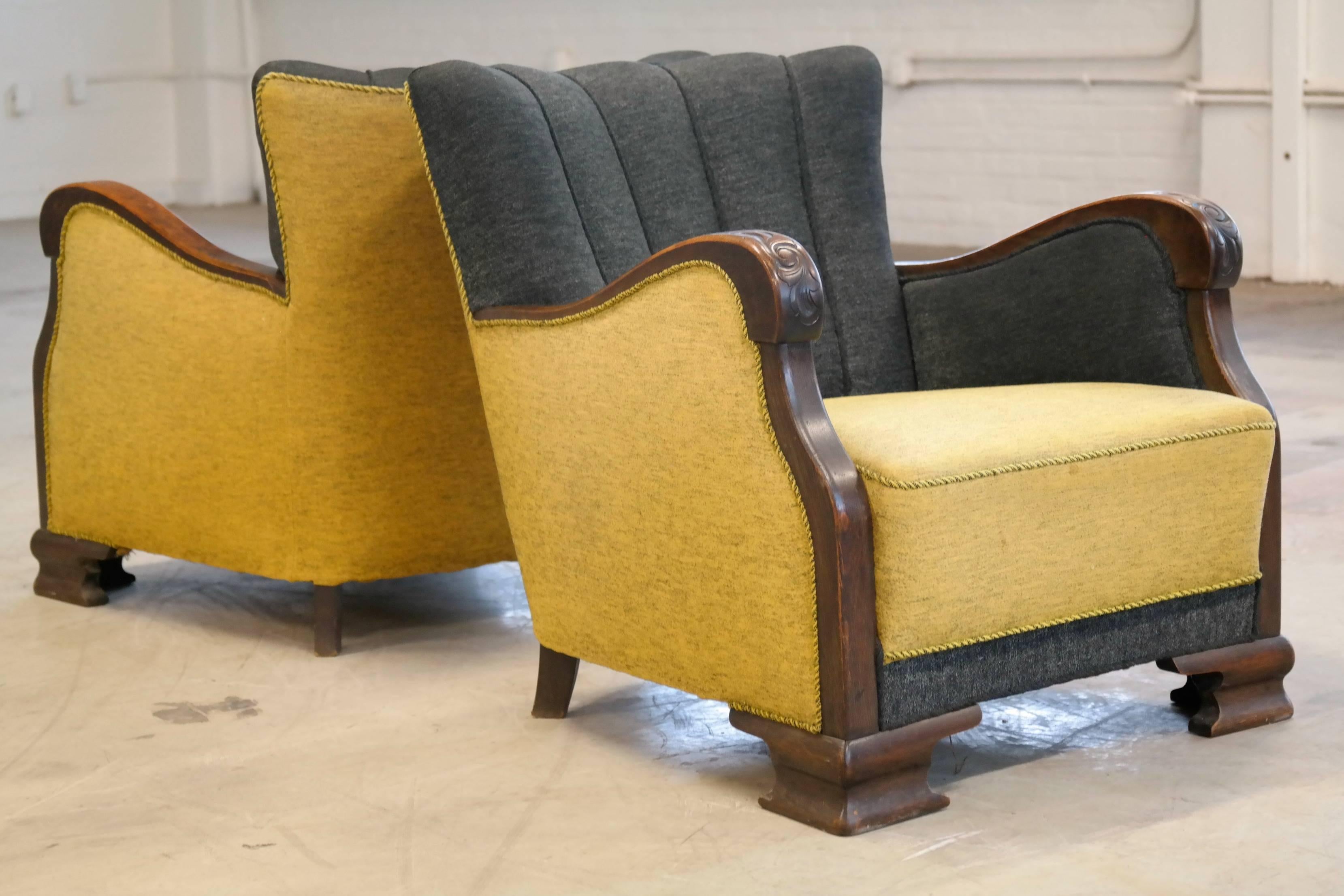Mid-Century Modern 1930s Pair of Large-Sized Danish Club Chairs with Carved Armrests