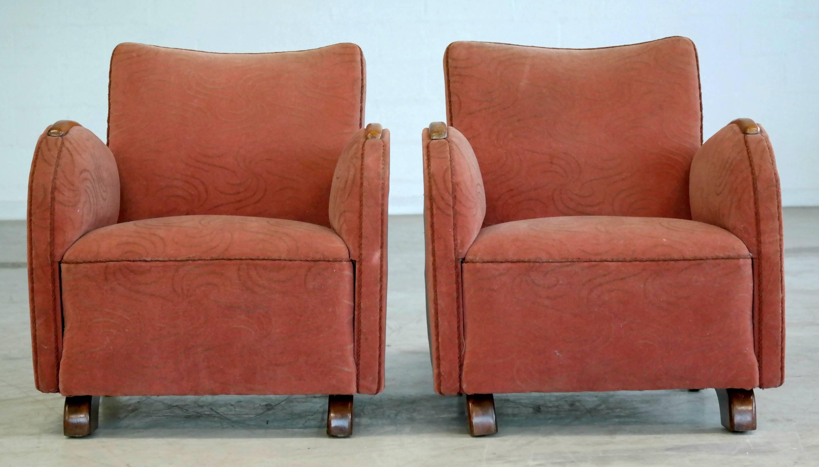 Mid-20th Century Danish 1930s Art Deco Pair of Club Chairs