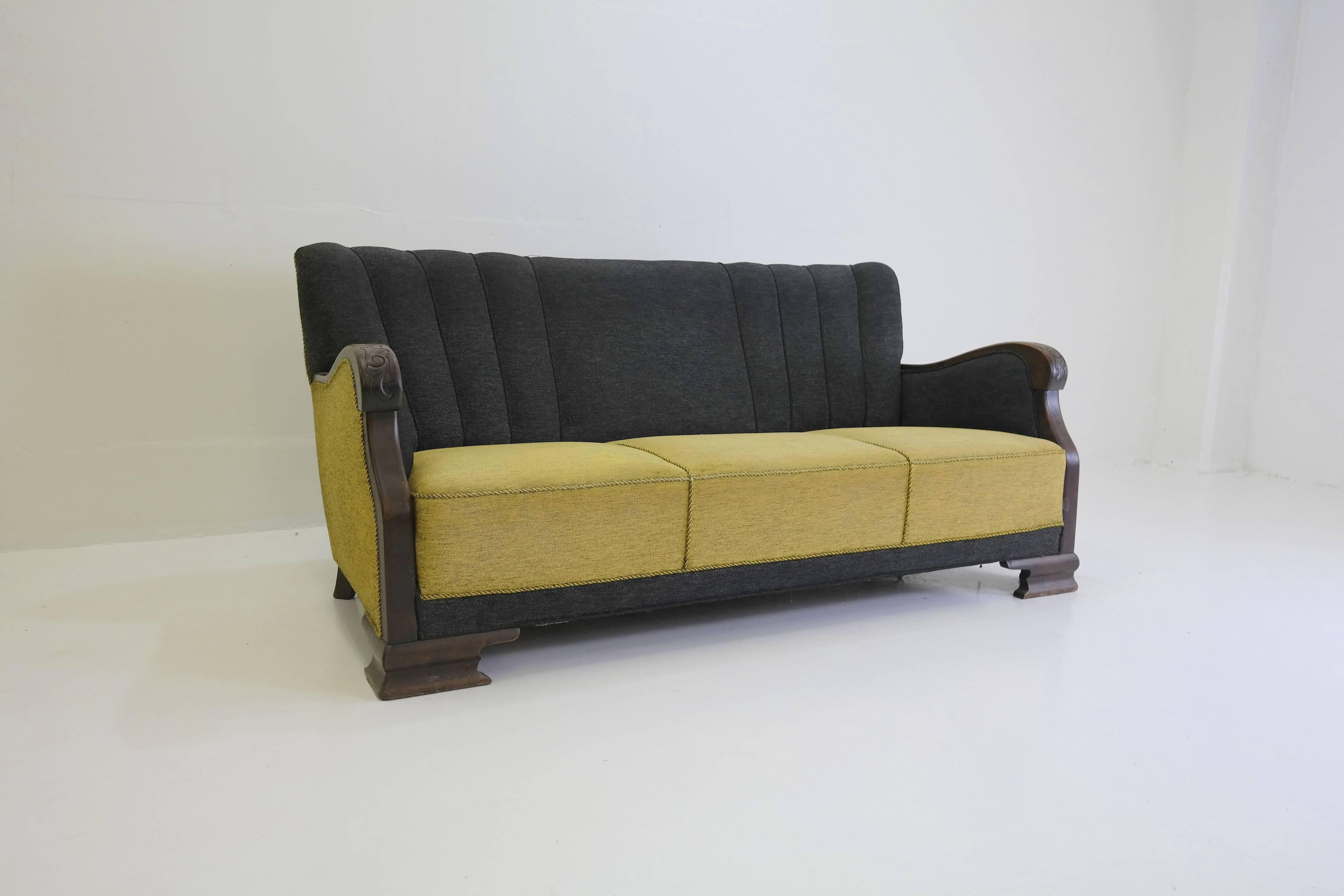 Art Deco Danish 1930s Sofa with Carved Armrests and Feet