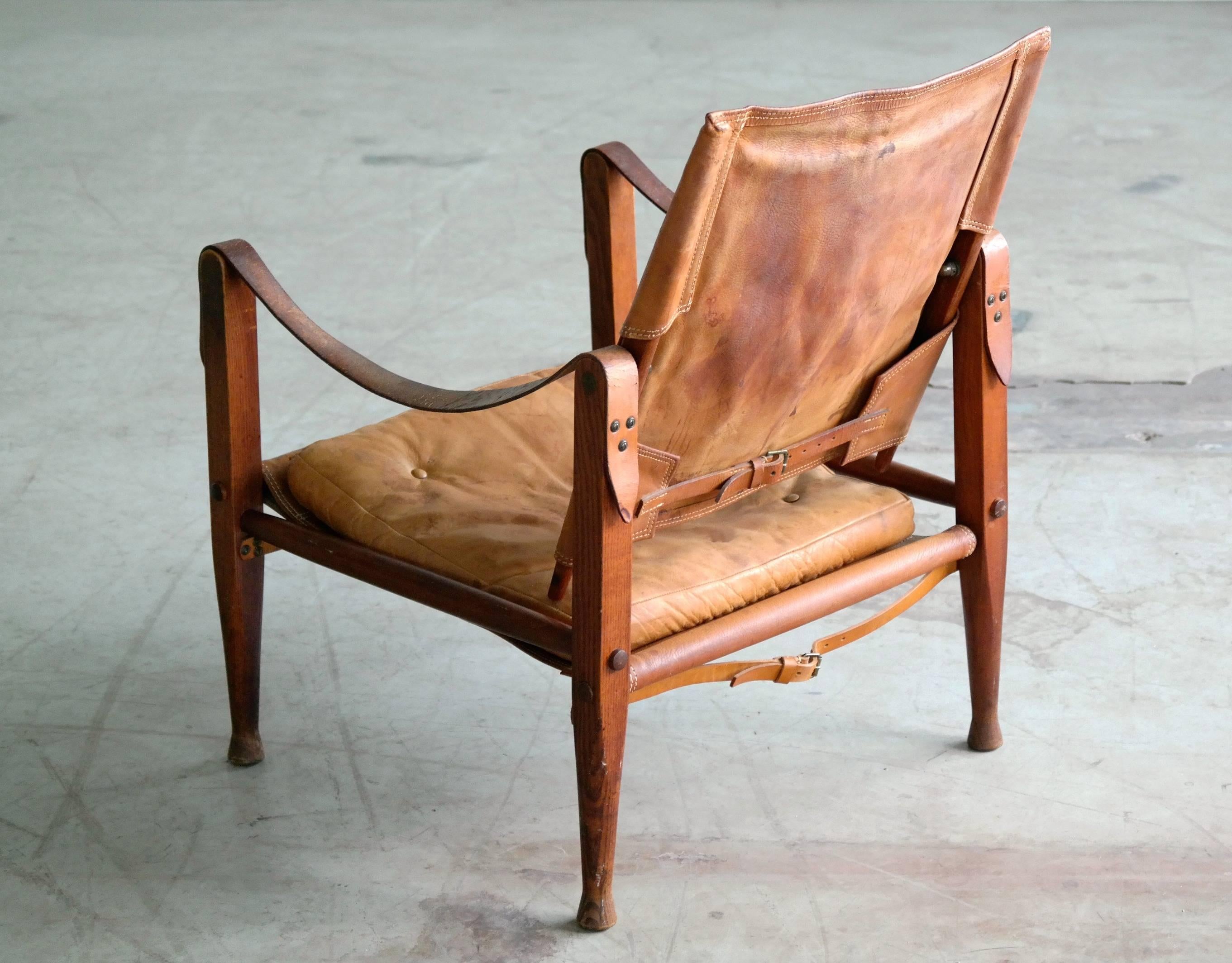 Mid-Century Modern Kaare Klint for Rud Rasmussen Safari Chair in Patinated Cognac Leather 