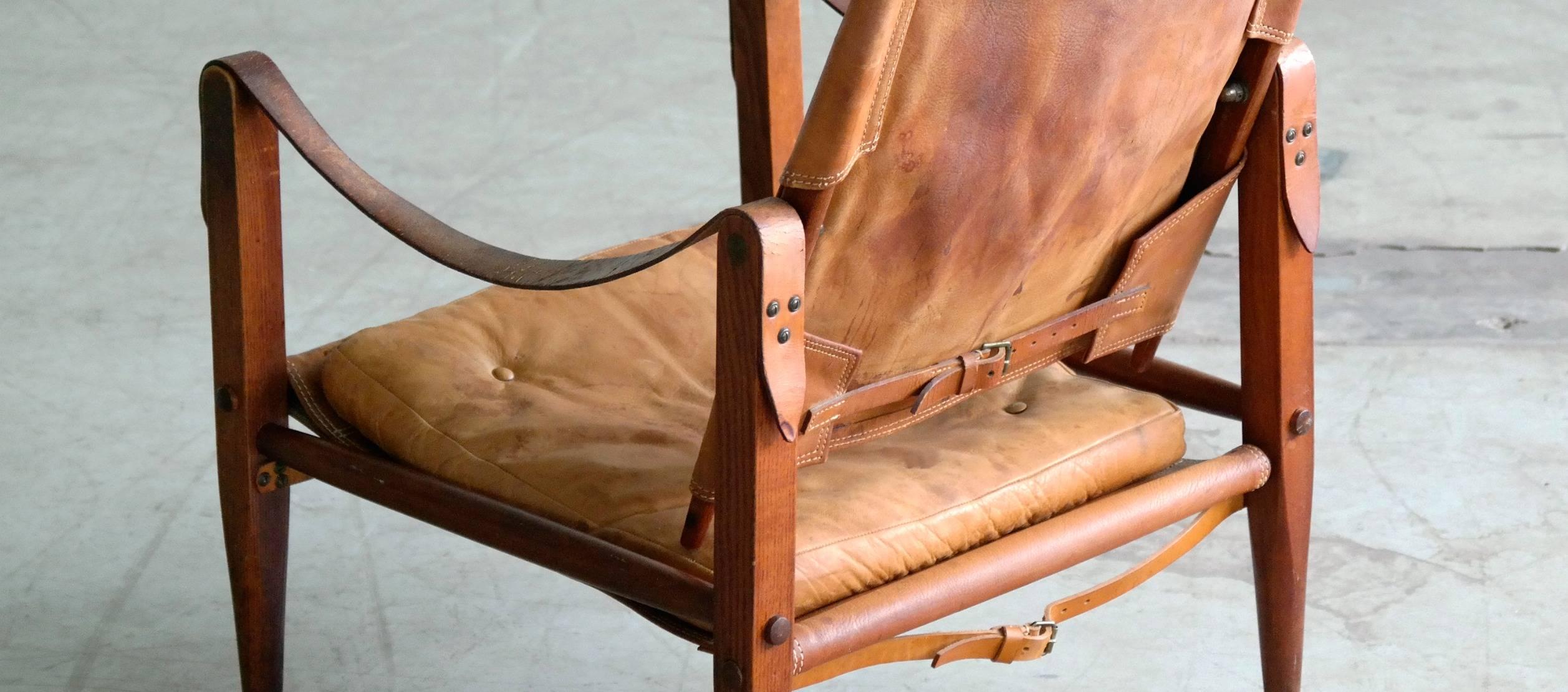 Danish Kaare Klint for Rud Rasmussen Safari Chair in Patinated Cognac Leather 