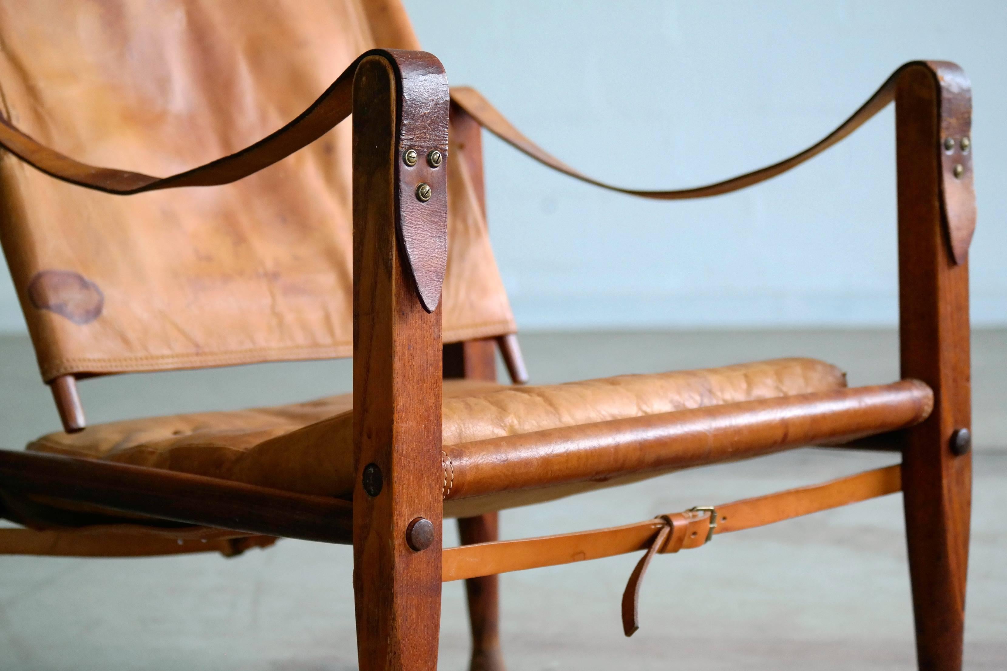Kaare Klint for Rud Rasmussen Safari Chair in Patinated Cognac Leather  In Good Condition In Bridgeport, CT