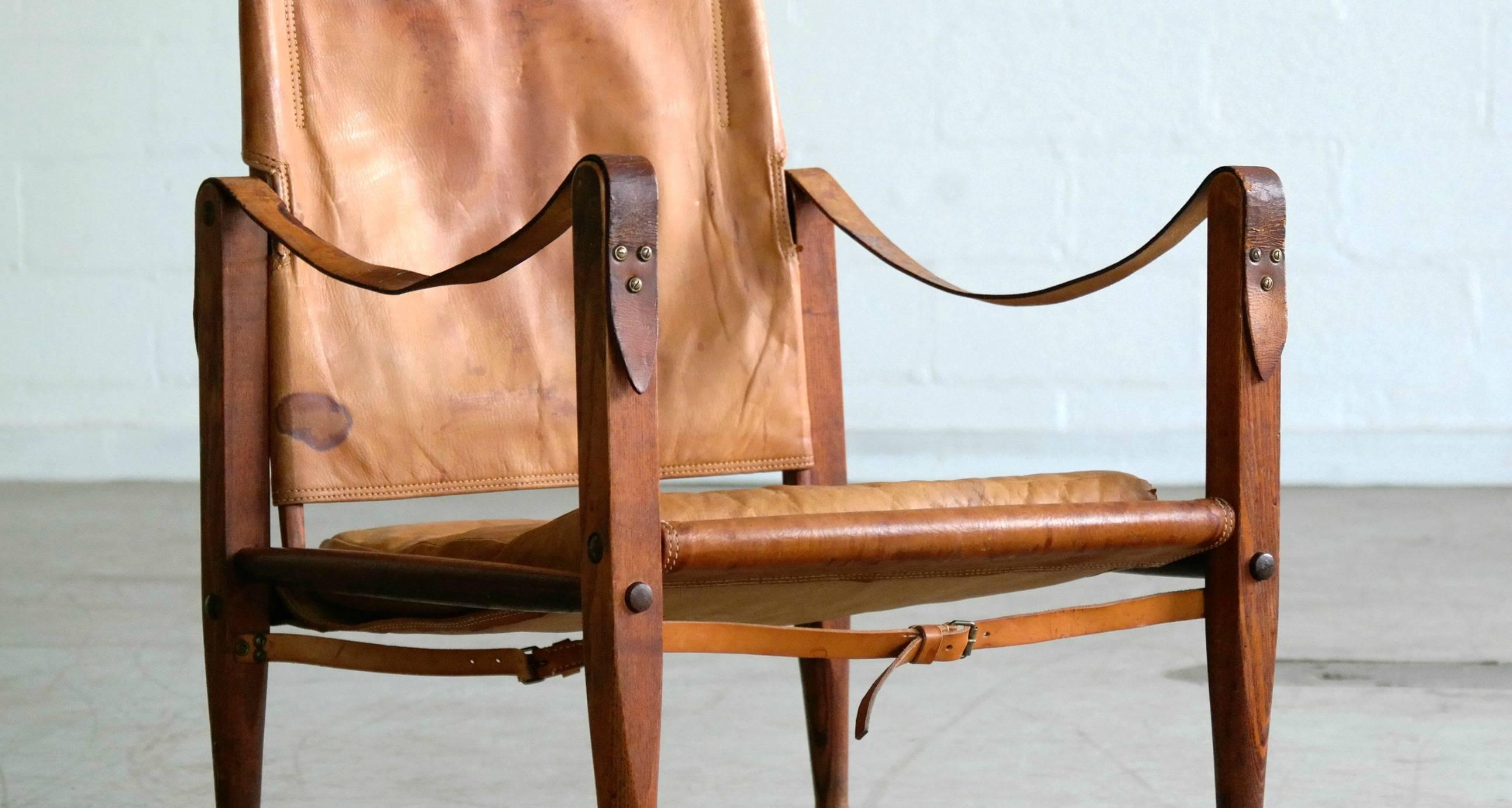 Wood Kaare Klint for Rud Rasmussen Safari Chair in Patinated Cognac Leather 