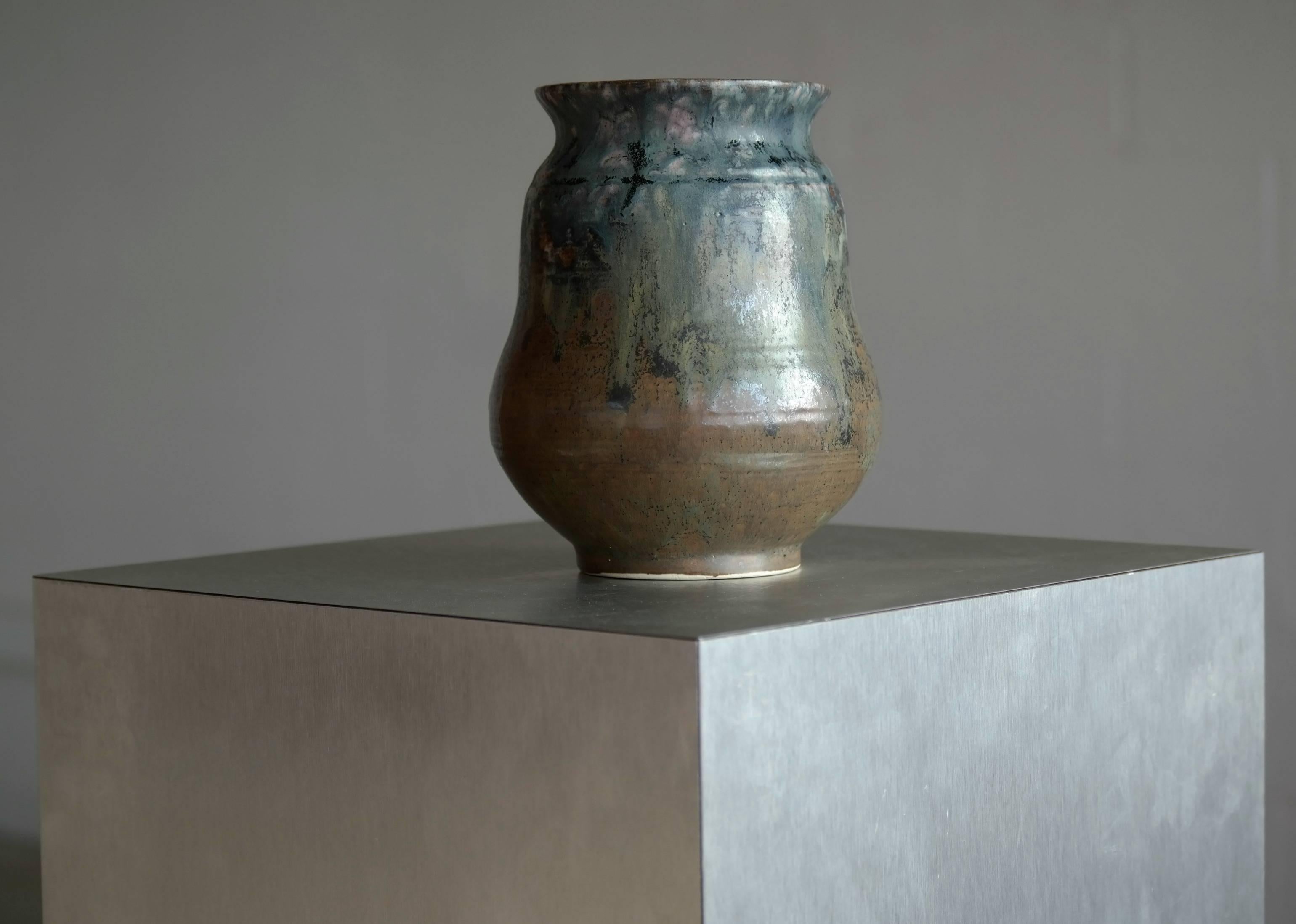 Danish 1920's Carl Halier Glazed Stoneware Vase with Bluish Green Glaze  In Excellent Condition In Bridgeport, CT