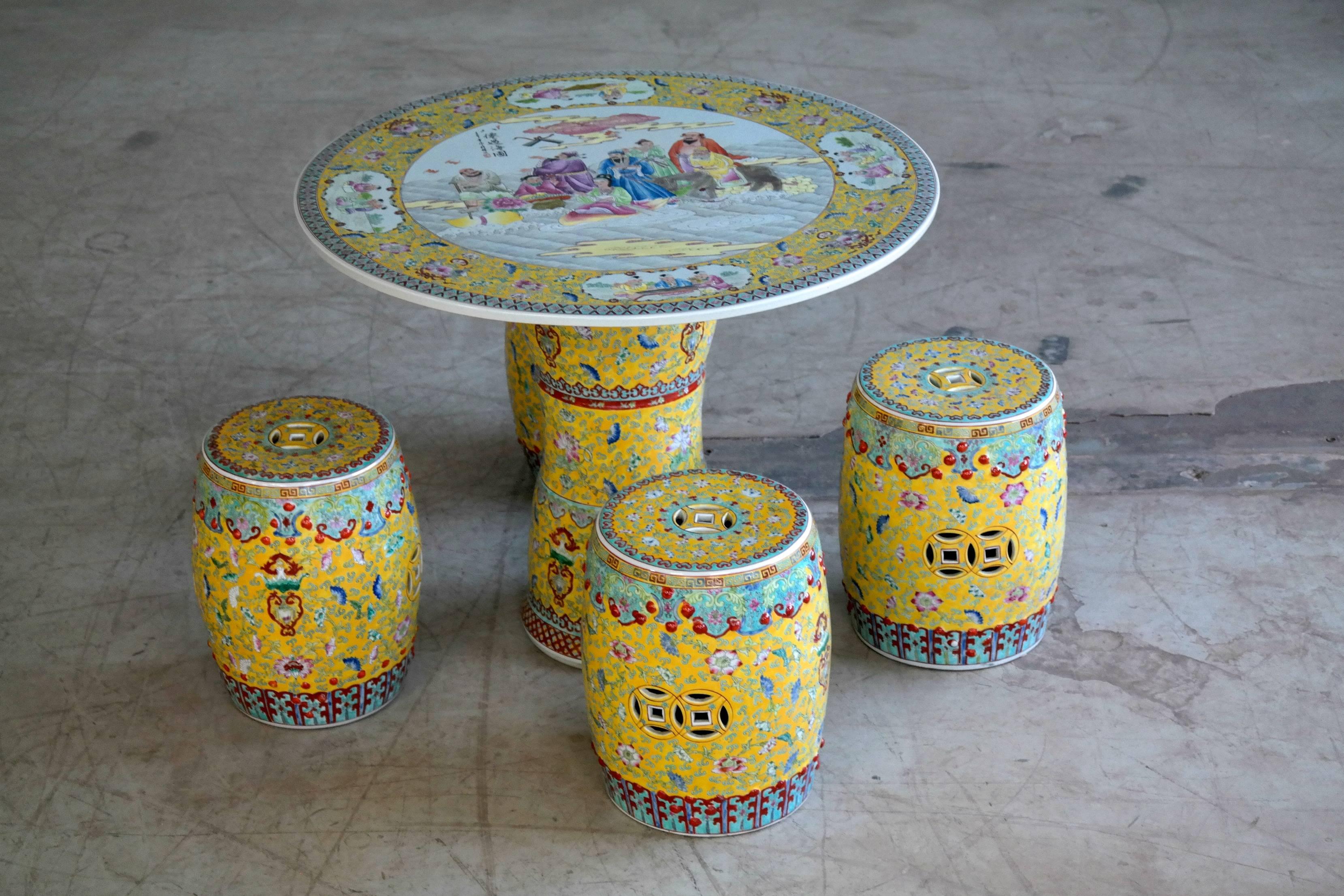 Very beautifully executed hand-painted garden set in vibrant colors. Signed by artist on top as part of the imagery. C.