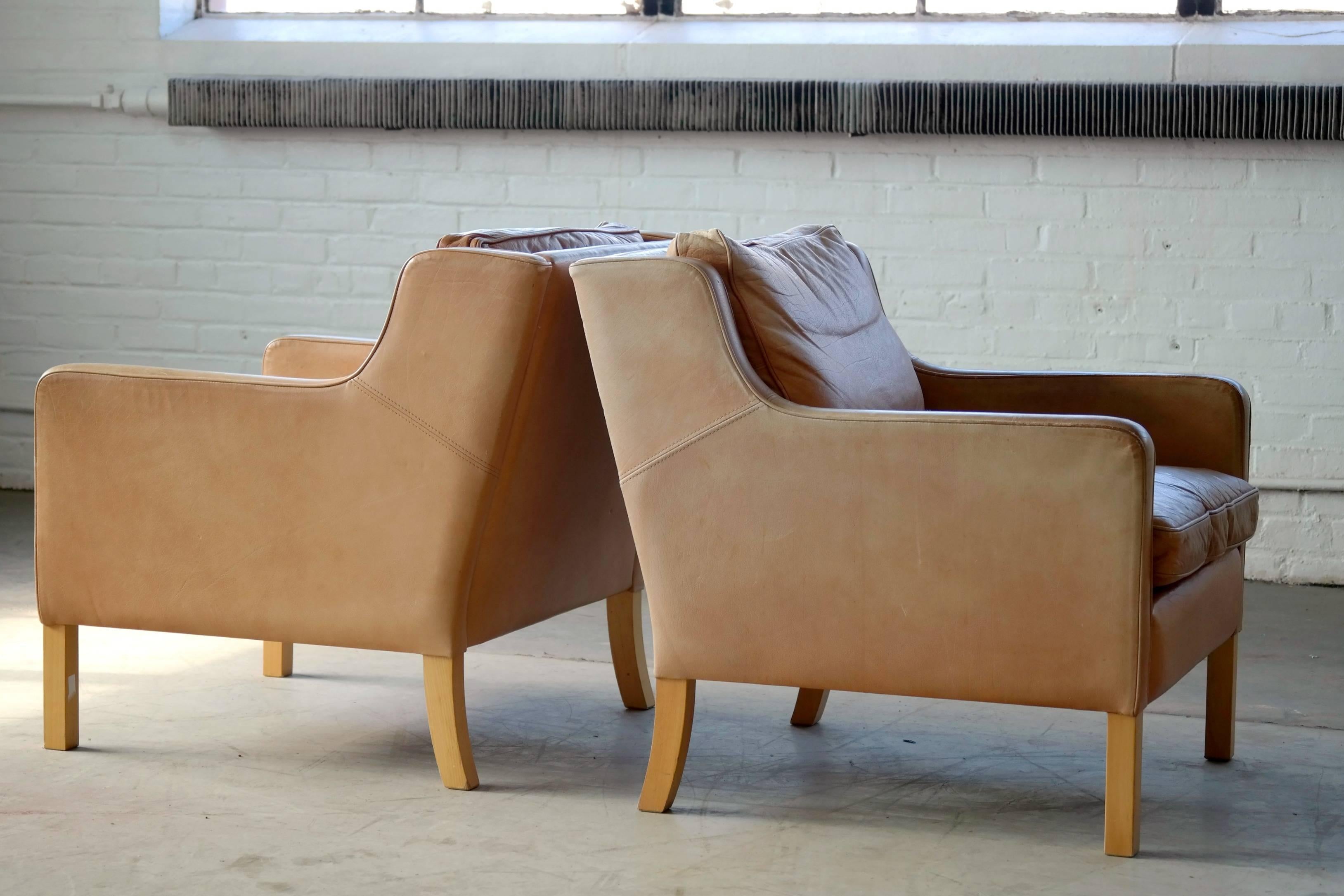 Børge Mogensen Style Model 2321 by Stouby Pair of Lounge Chairs in Tan  Leather For Sale at 1stDibs