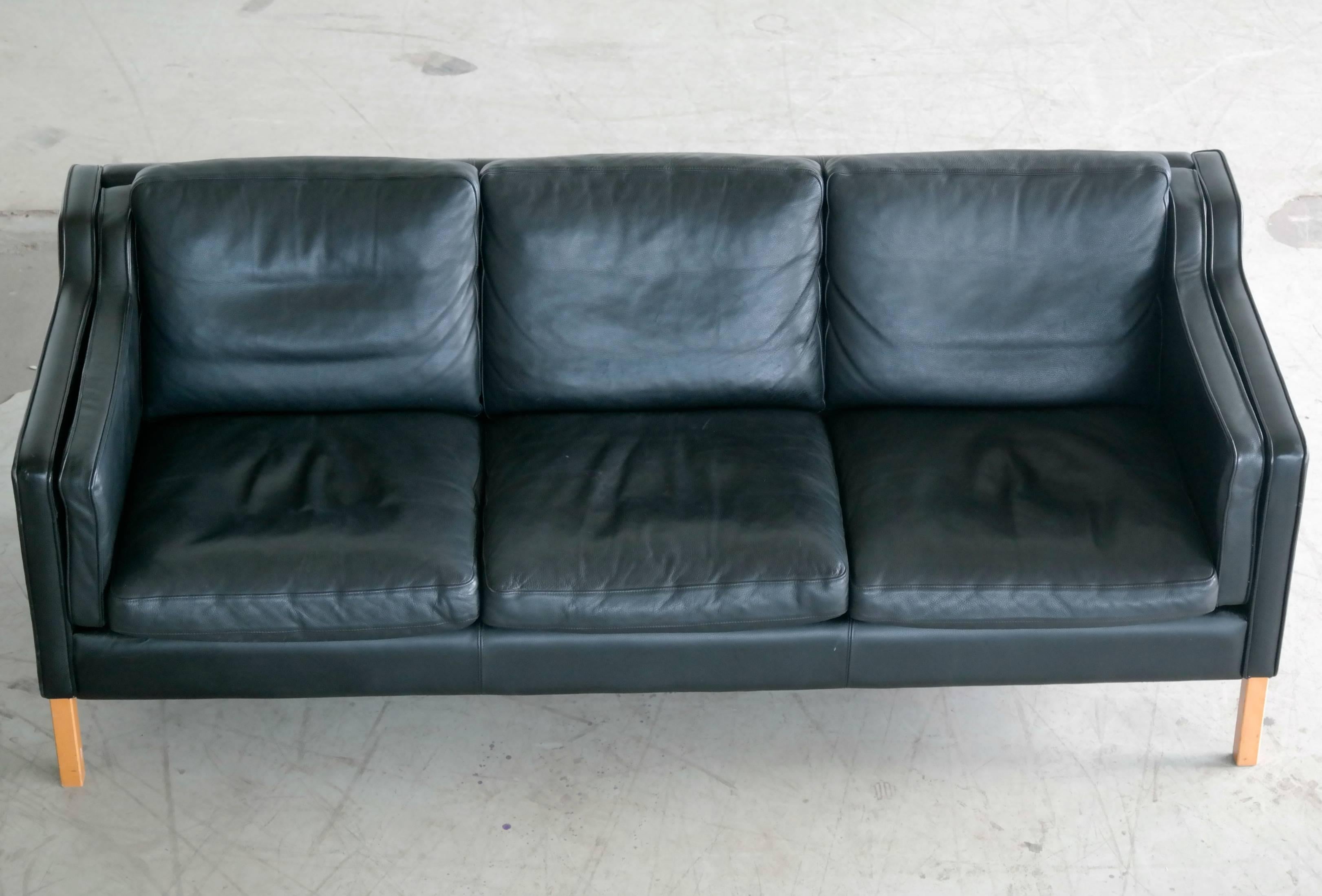 Mid-Century Modern Borge Mogensen Model 2213 Style 3Seater Sofa in Black Leather by Stouby