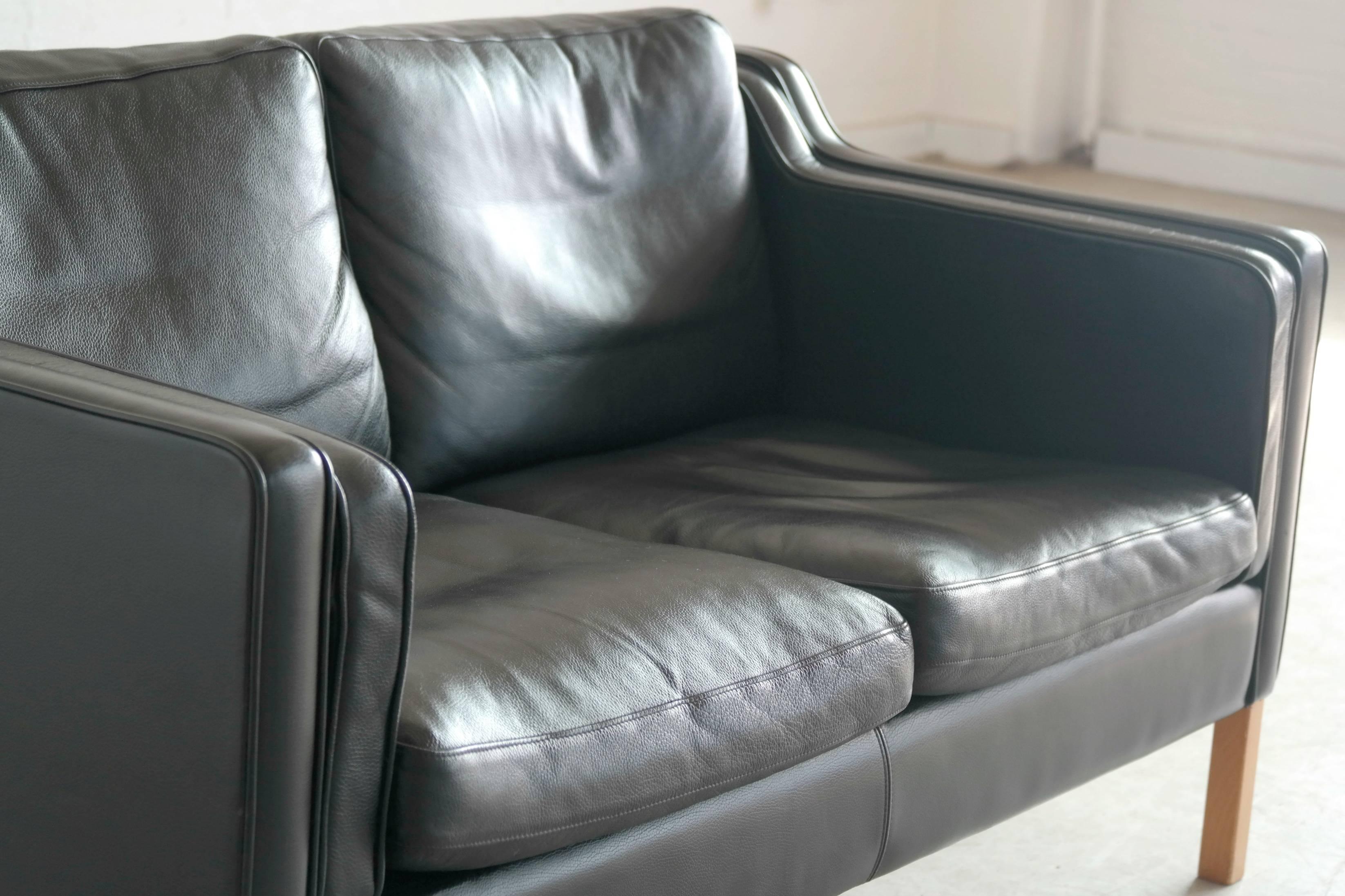Danish Børge Mogensen Model 2212 Style Two-Seat Sofa in Black Leather by Stouby