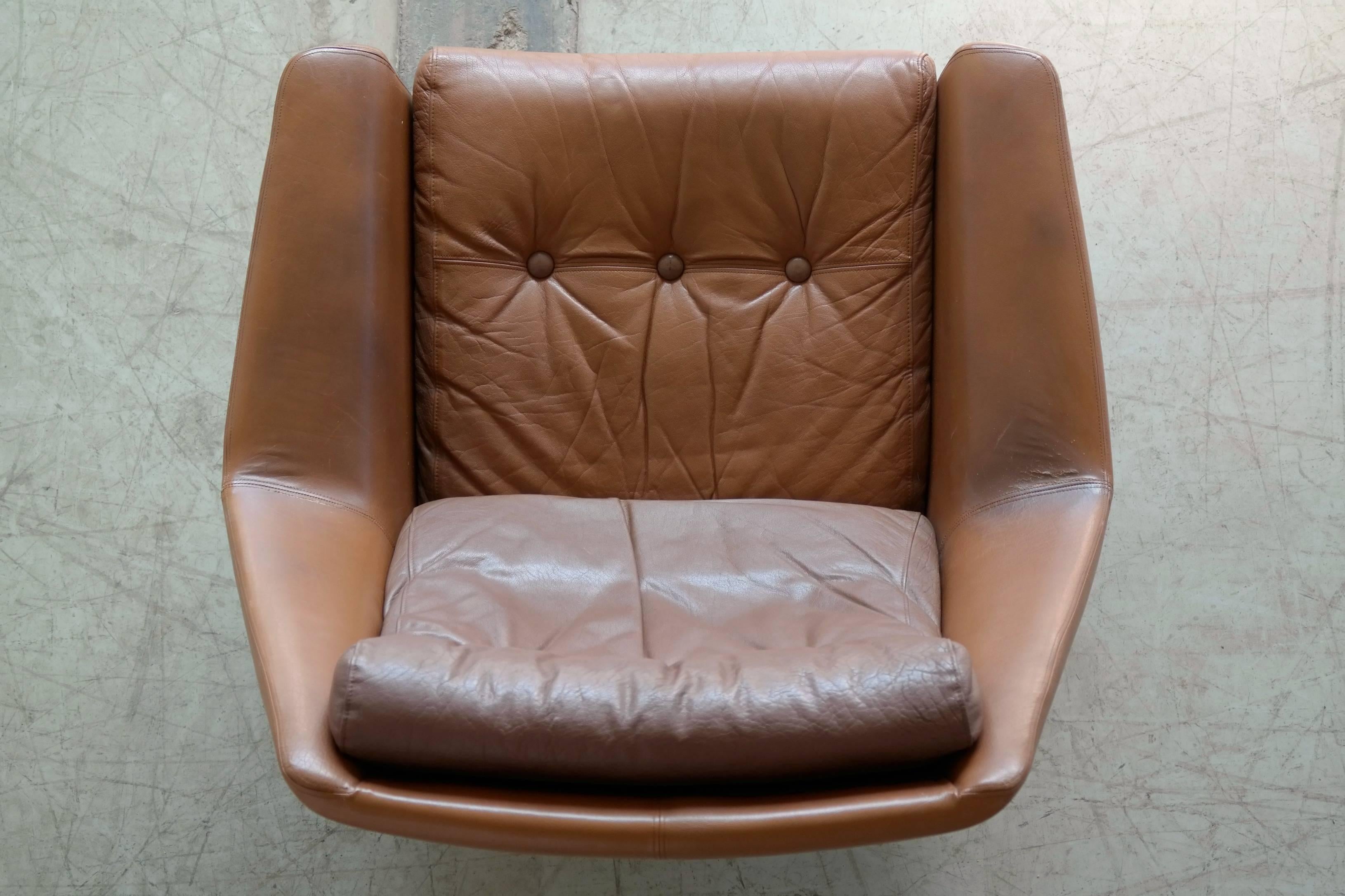 Danish Kurt Ostervig Style Cognac Leather Lounge Chair with Ottoman and Swivel Base