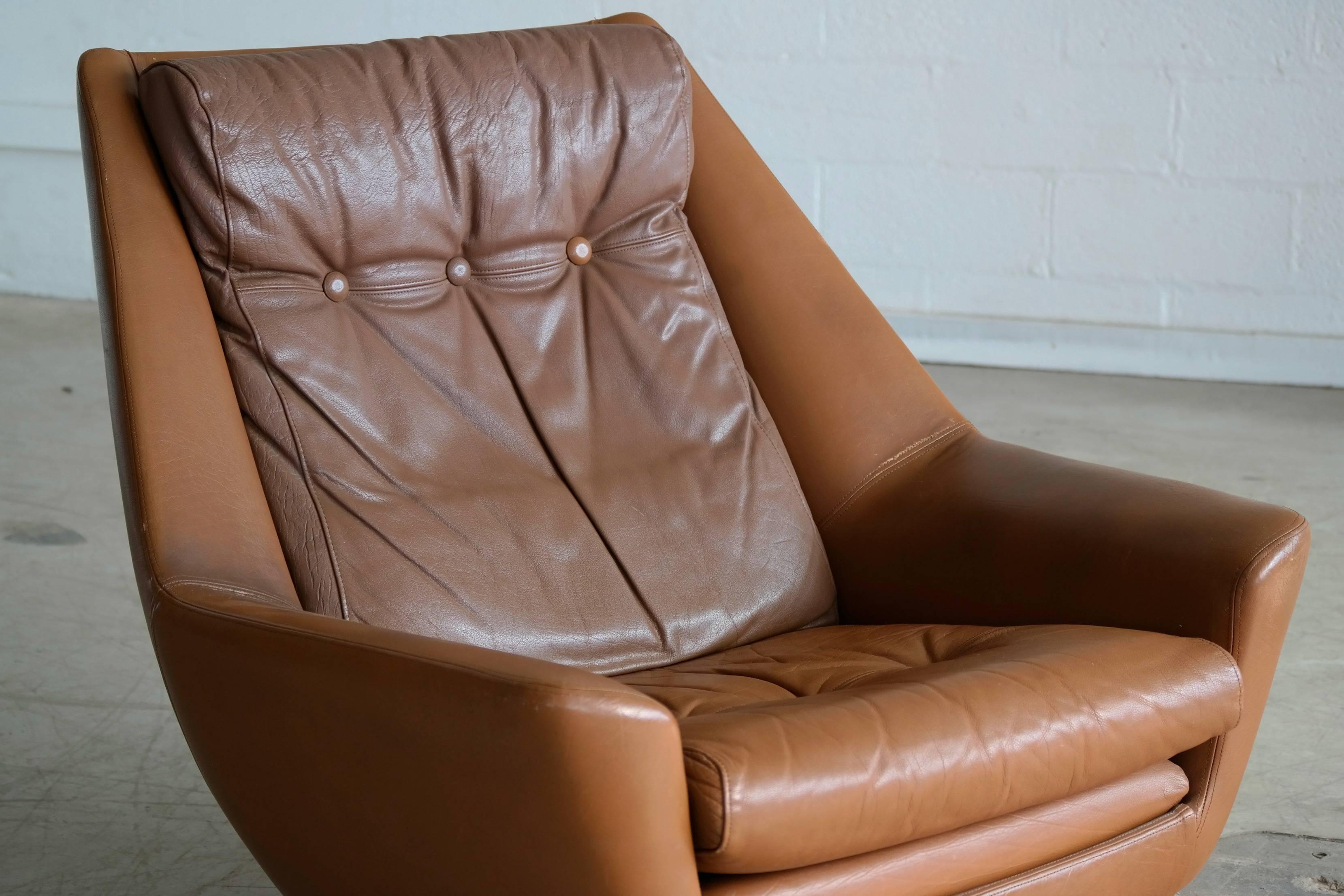 Mid-Century Modern Kurt Ostervig Style Cognac Leather Lounge Chair with Ottoman and Swivel Base
