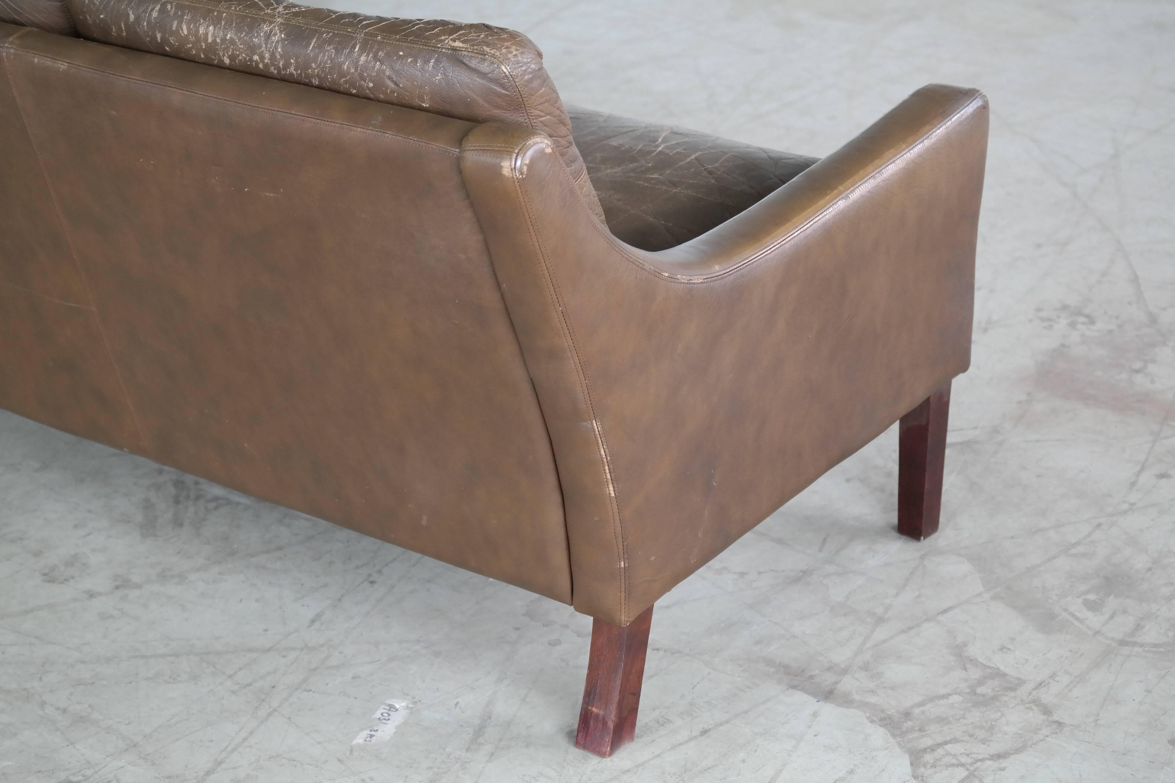 Late 20th Century Børge Mogensen Style Brown Distressed Leather Sofa Danish, Mid-Century