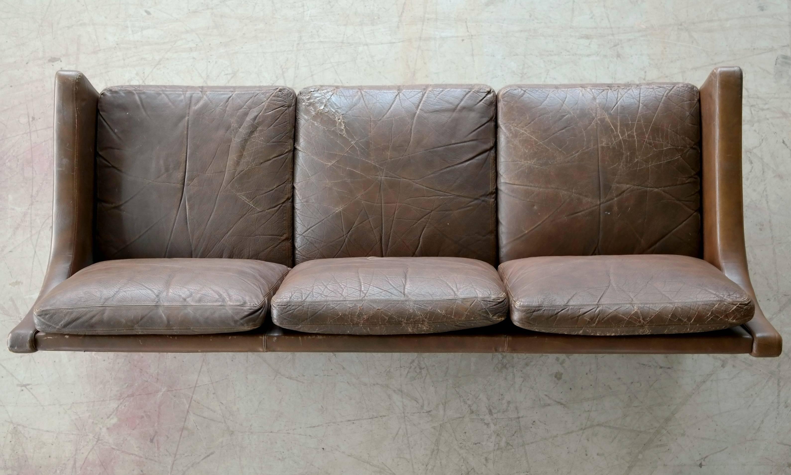 Mid-Century Modern Børge Mogensen Style Brown Distressed Leather Sofa Danish, Mid-Century