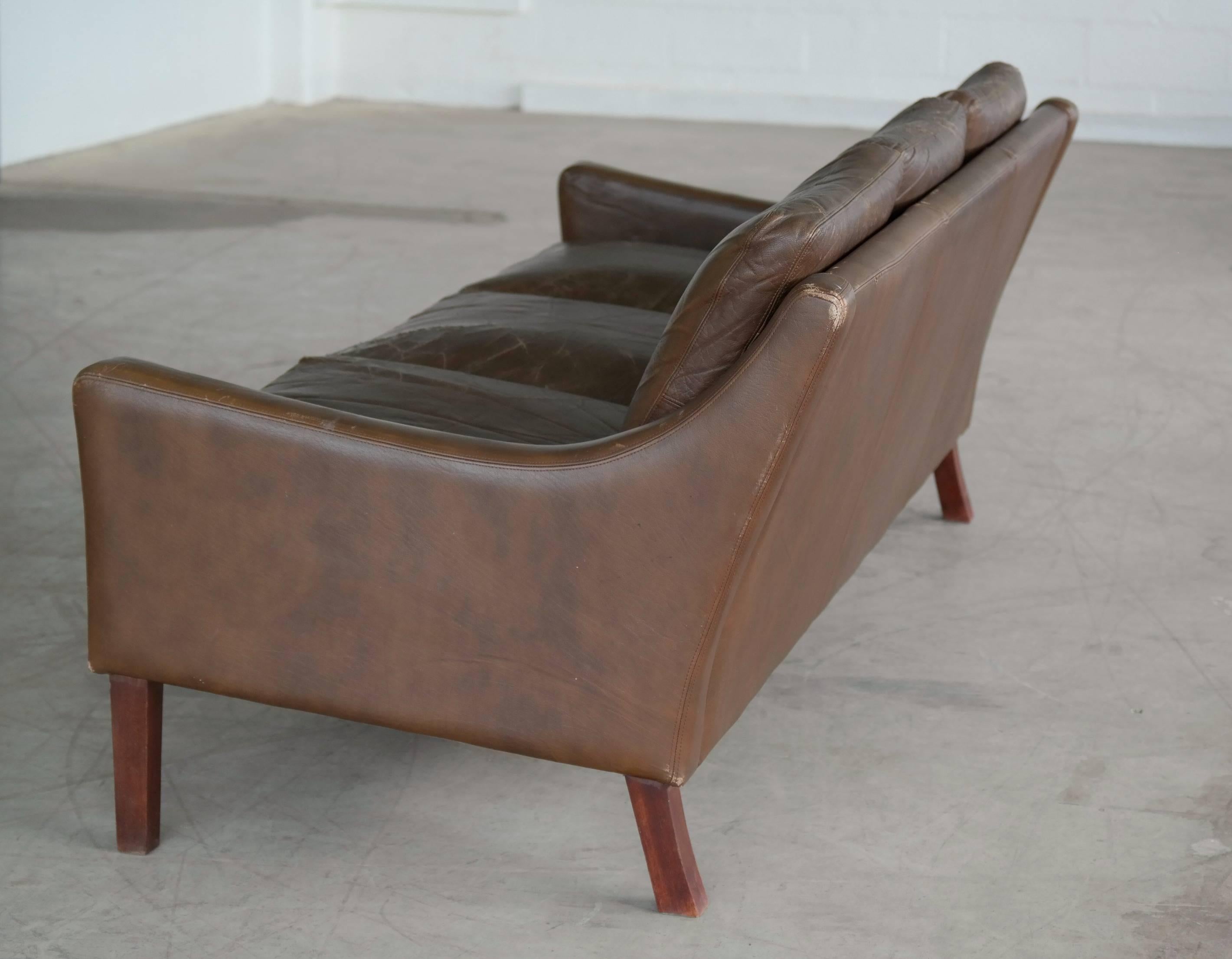 Børge Mogensen Style Brown Distressed Leather Sofa Danish, Mid-Century 1