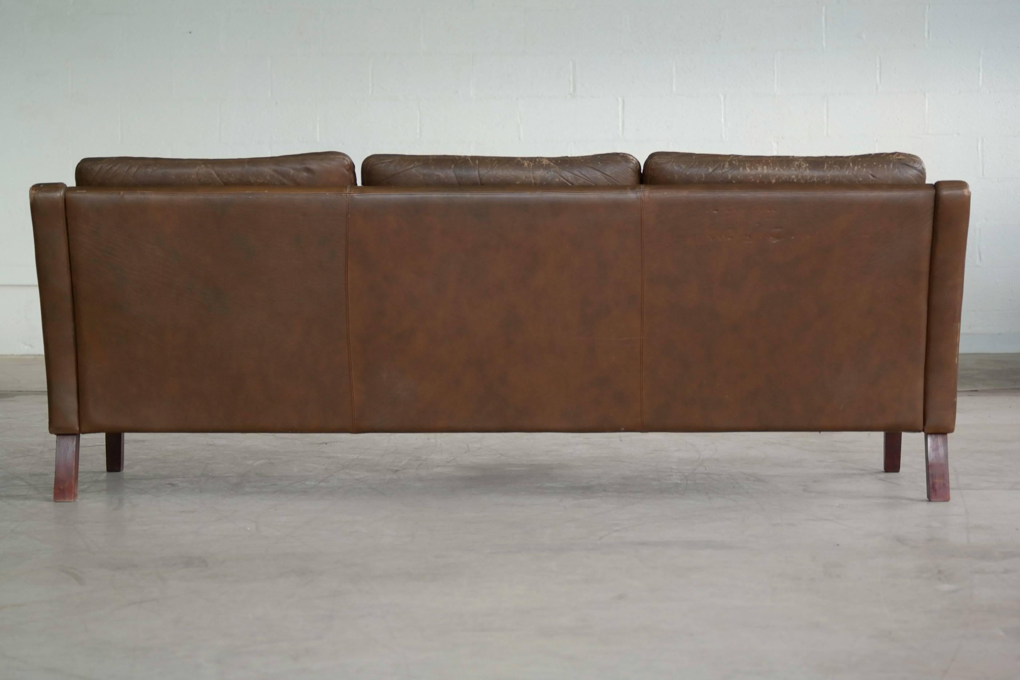 Børge Mogensen Style Brown Distressed Leather Sofa Danish, Mid-Century 2