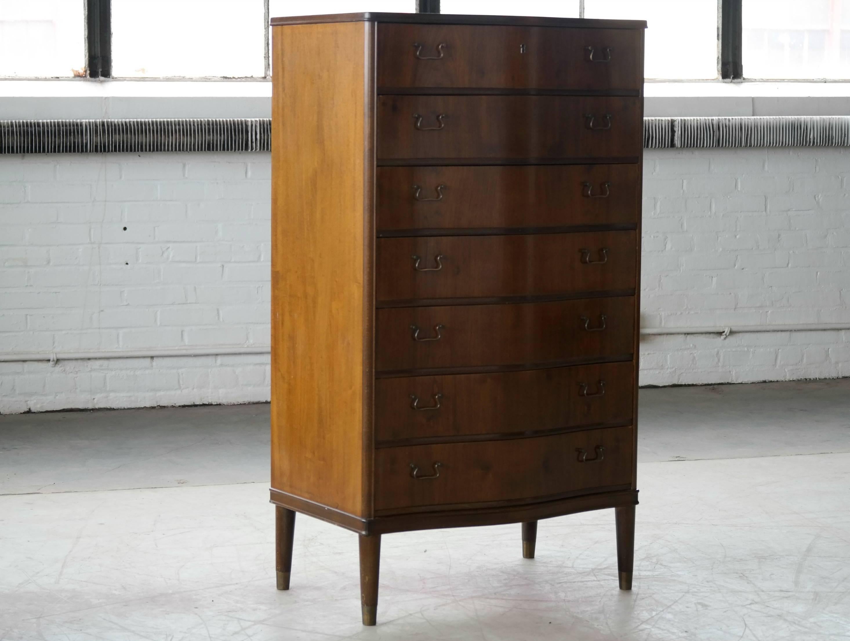 Frits Henningsen Style Tall Dresser with Brass Pulls Danish Mid-Century In Good Condition In Bridgeport, CT