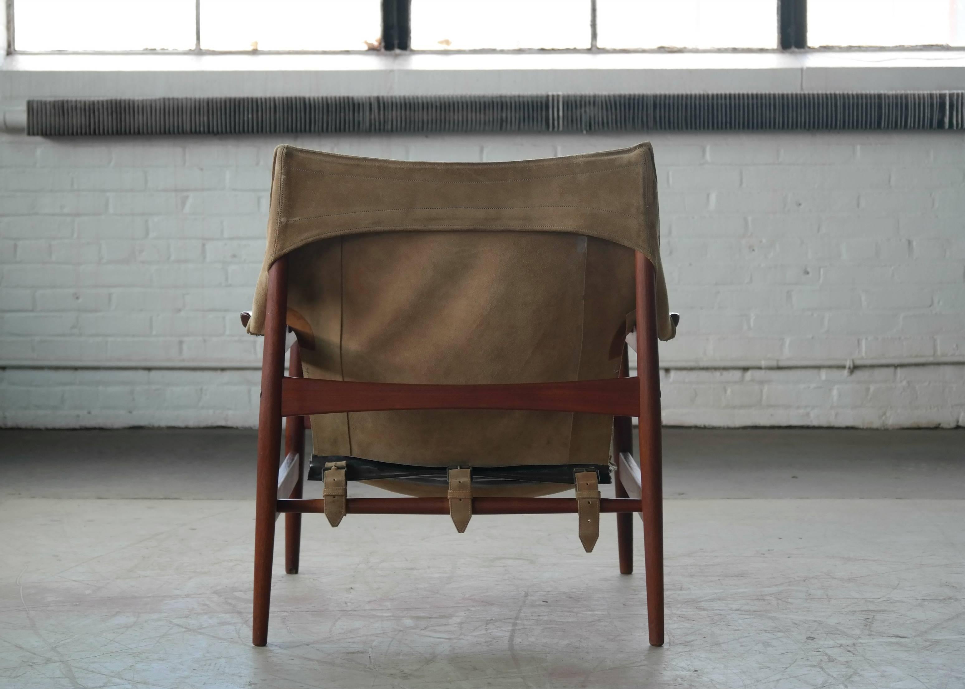 Hans Olsen Safari Sling Chair in Teak and Tan Suede for Viska Mobler, Sweden 1