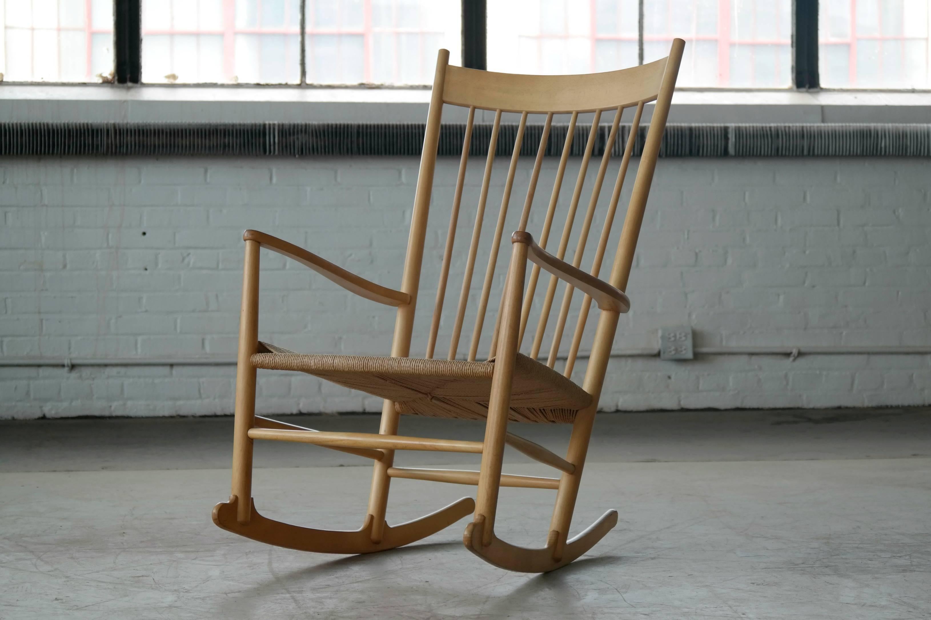 Danish Hans Wegner Rocking Chair in Beech and Papercord Made for FDB, Denmark, 1950s