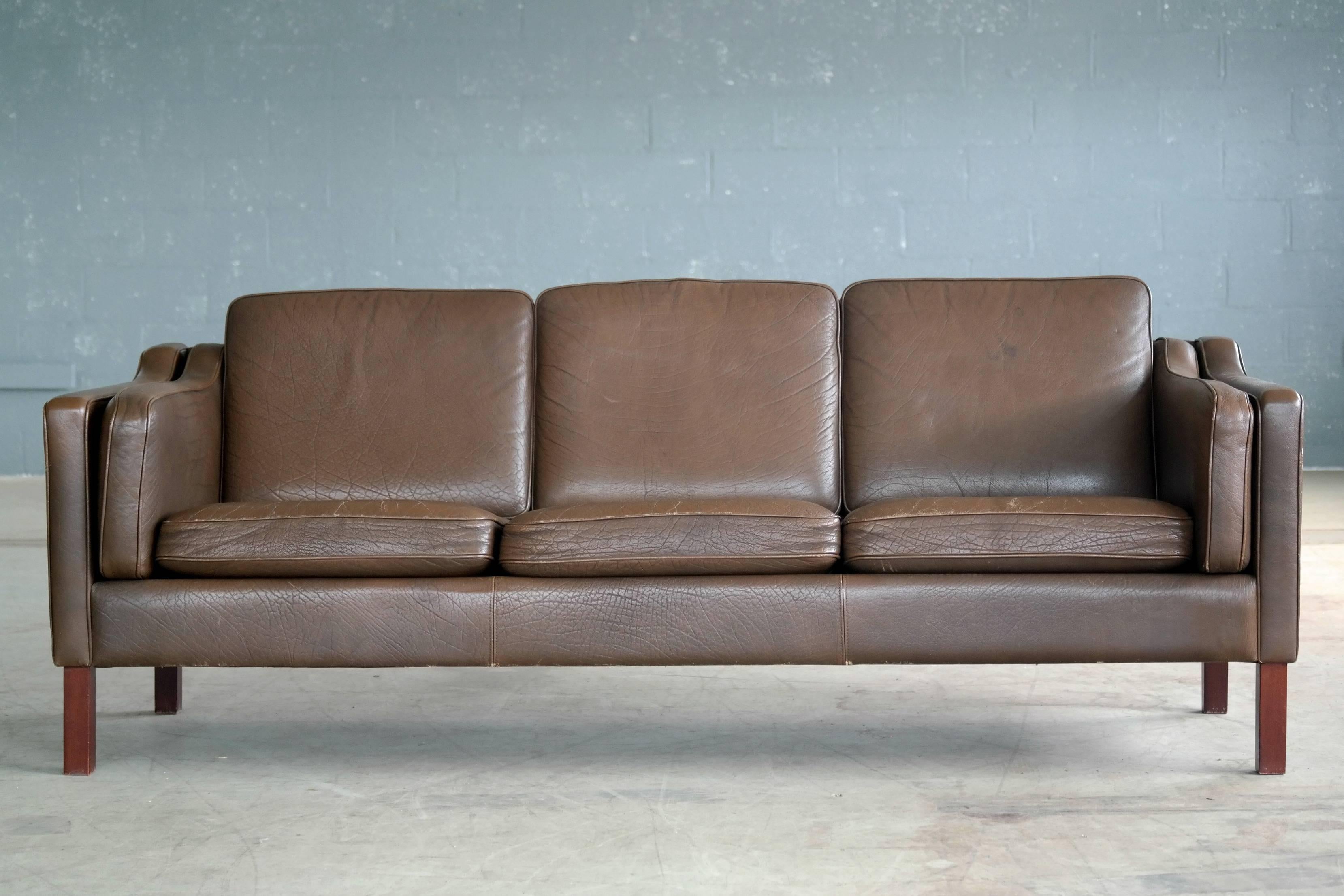 Mid-Century Modern Borge Mogensen Style Sofa in Chocolate Brown Leather