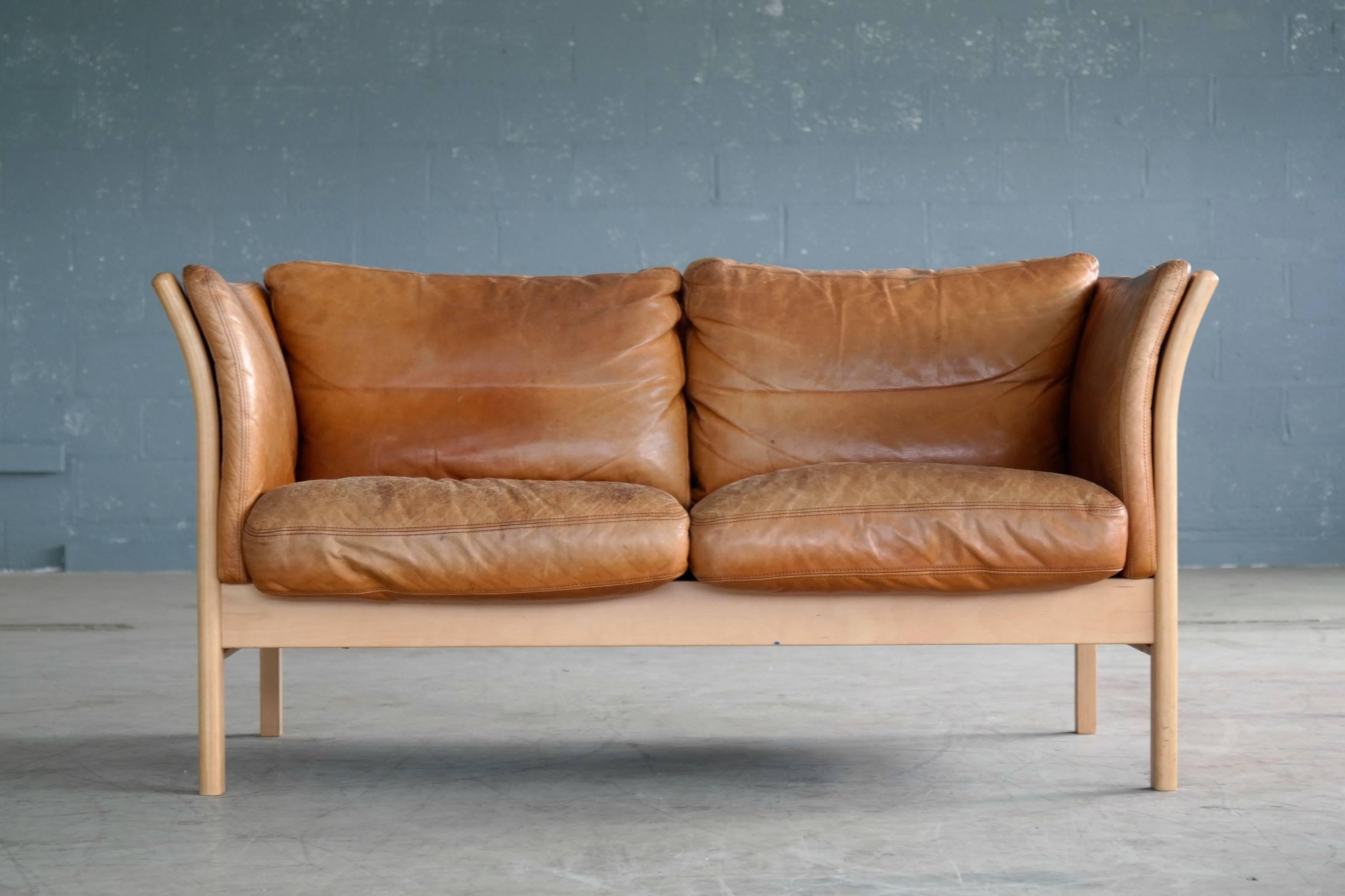 Mid-Century Modern Mogens Hansen Børge Mogensen Style Two-Seat Sofa in Cognac Leather and Beechwood