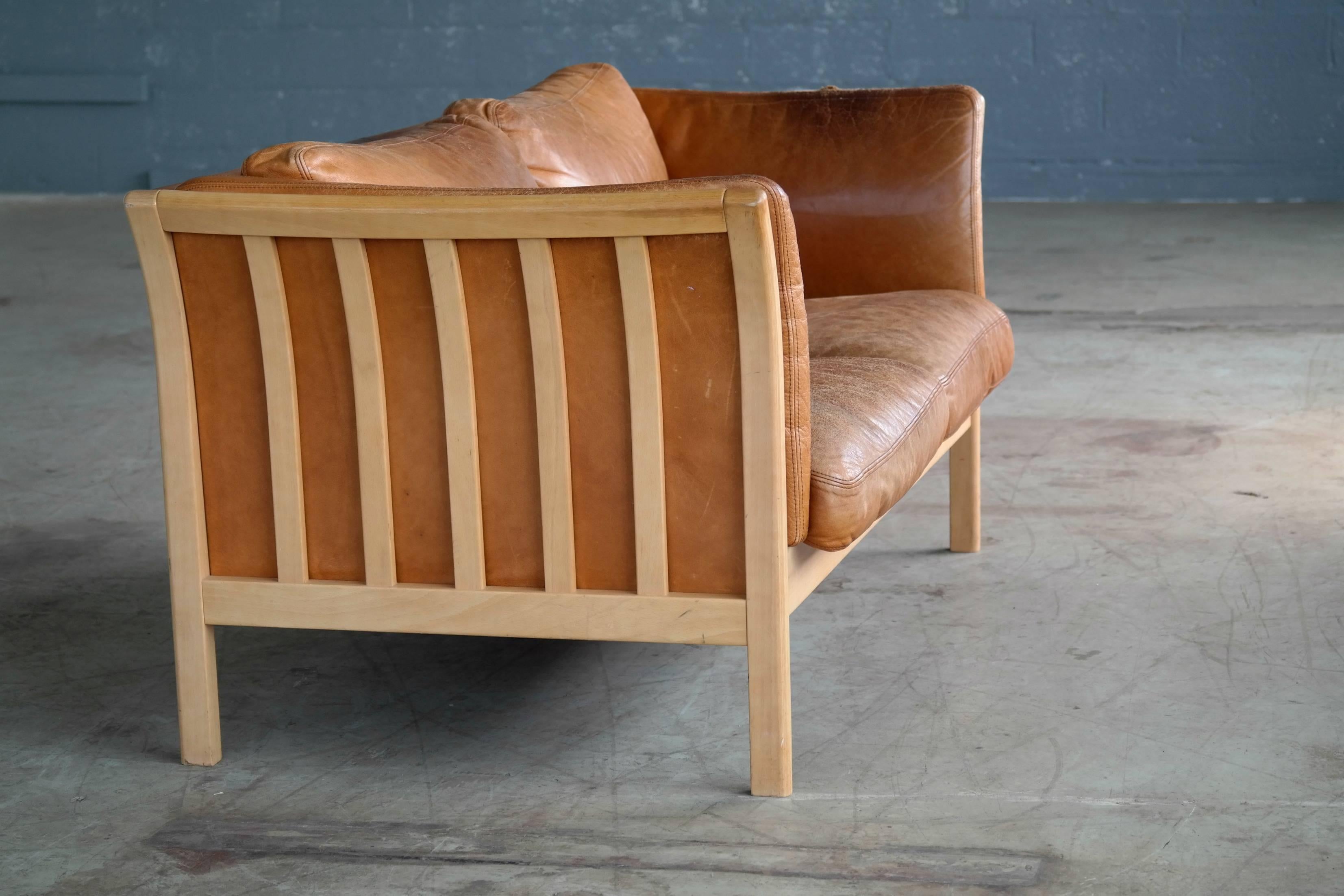 Danish Mogens Hansen Børge Mogensen Style Two-Seat Sofa in Cognac Leather and Beechwood