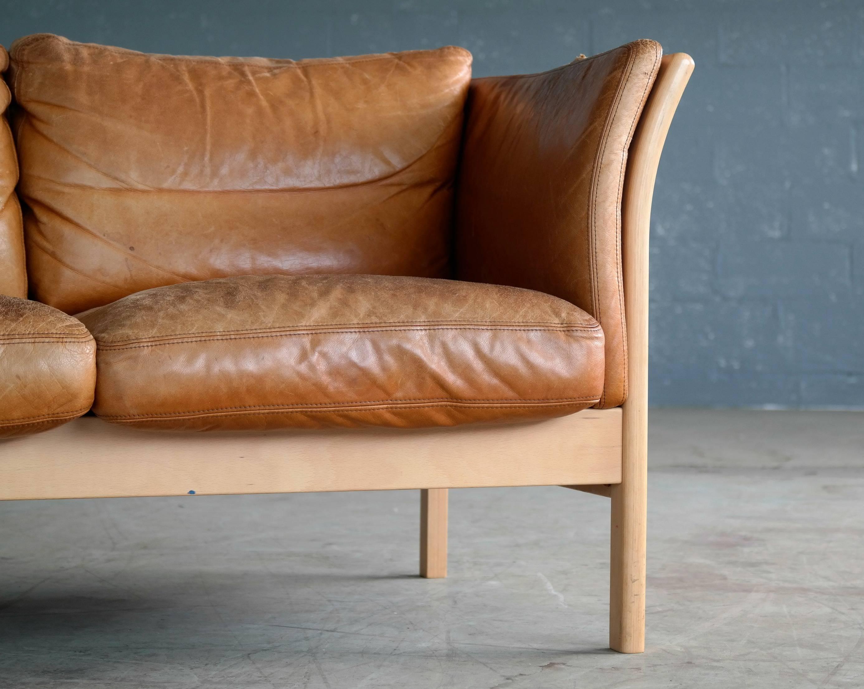 Mid-20th Century Mogens Hansen Børge Mogensen Style Two-Seat Sofa in Cognac Leather and Beechwood