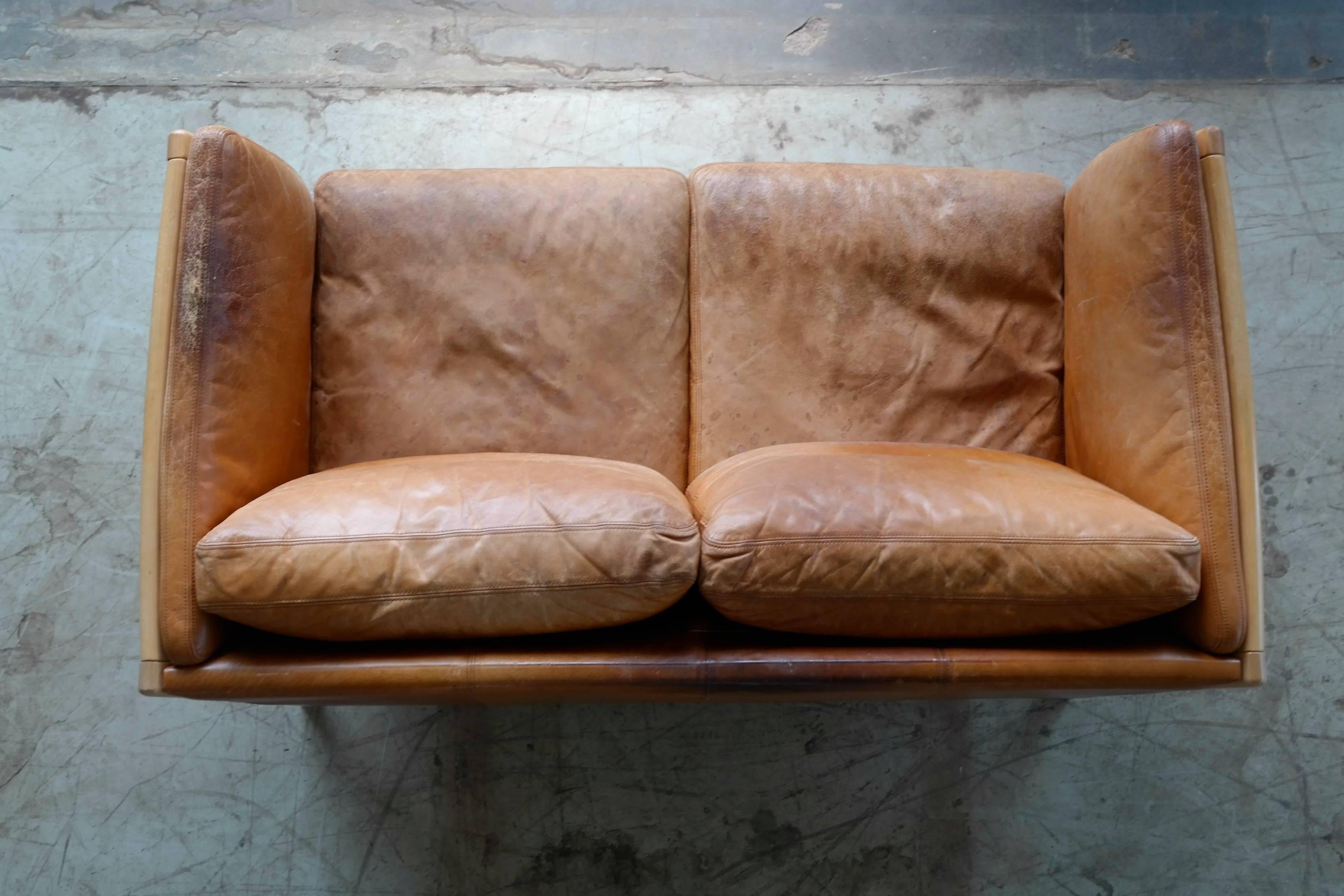 Mogens Hansen Børge Mogensen Style Two-Seat Sofa in Cognac Leather and Beechwood 1