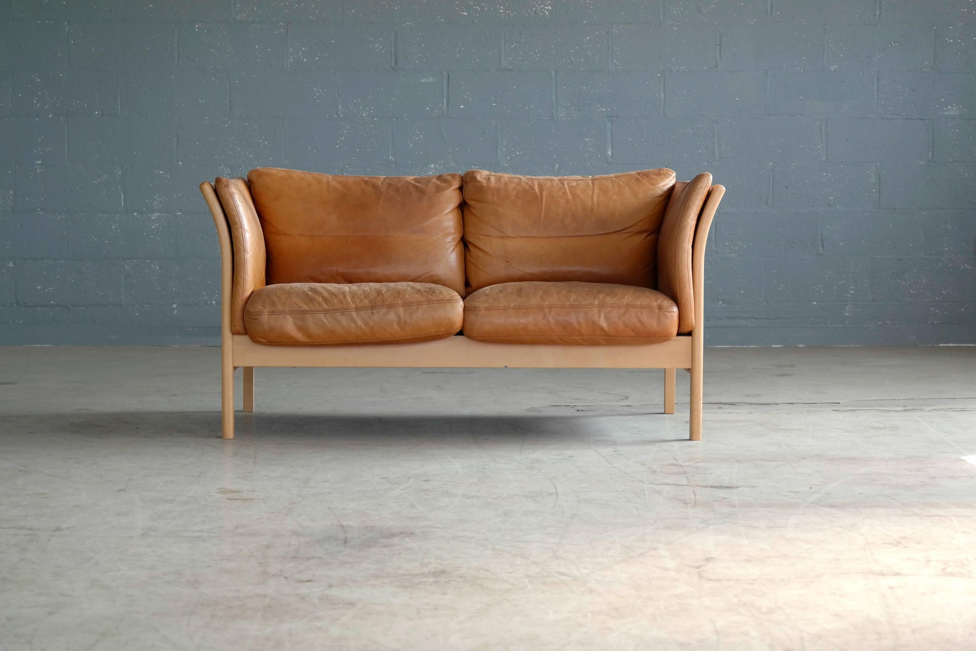Mogens Hansen Børge Mogensen Style Two-Seat Sofa in Cognac Leather and Beechwood 3