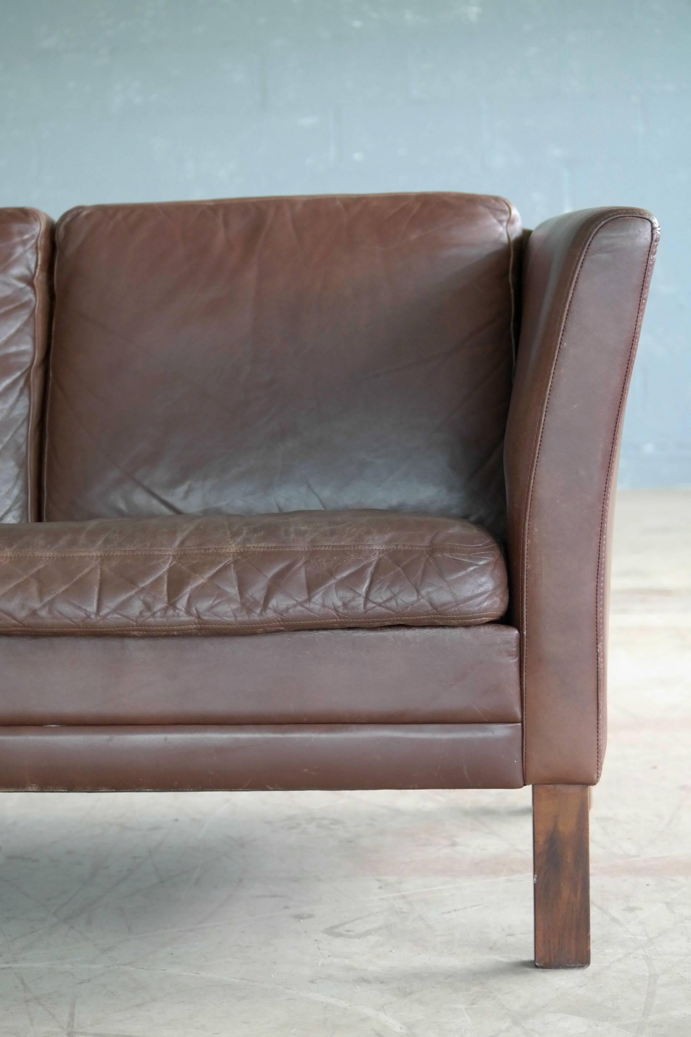 Mid-Century Modern Borge Mogensen Style Three-Seat Sofa in Chocolate Leather by Mogens Hansen