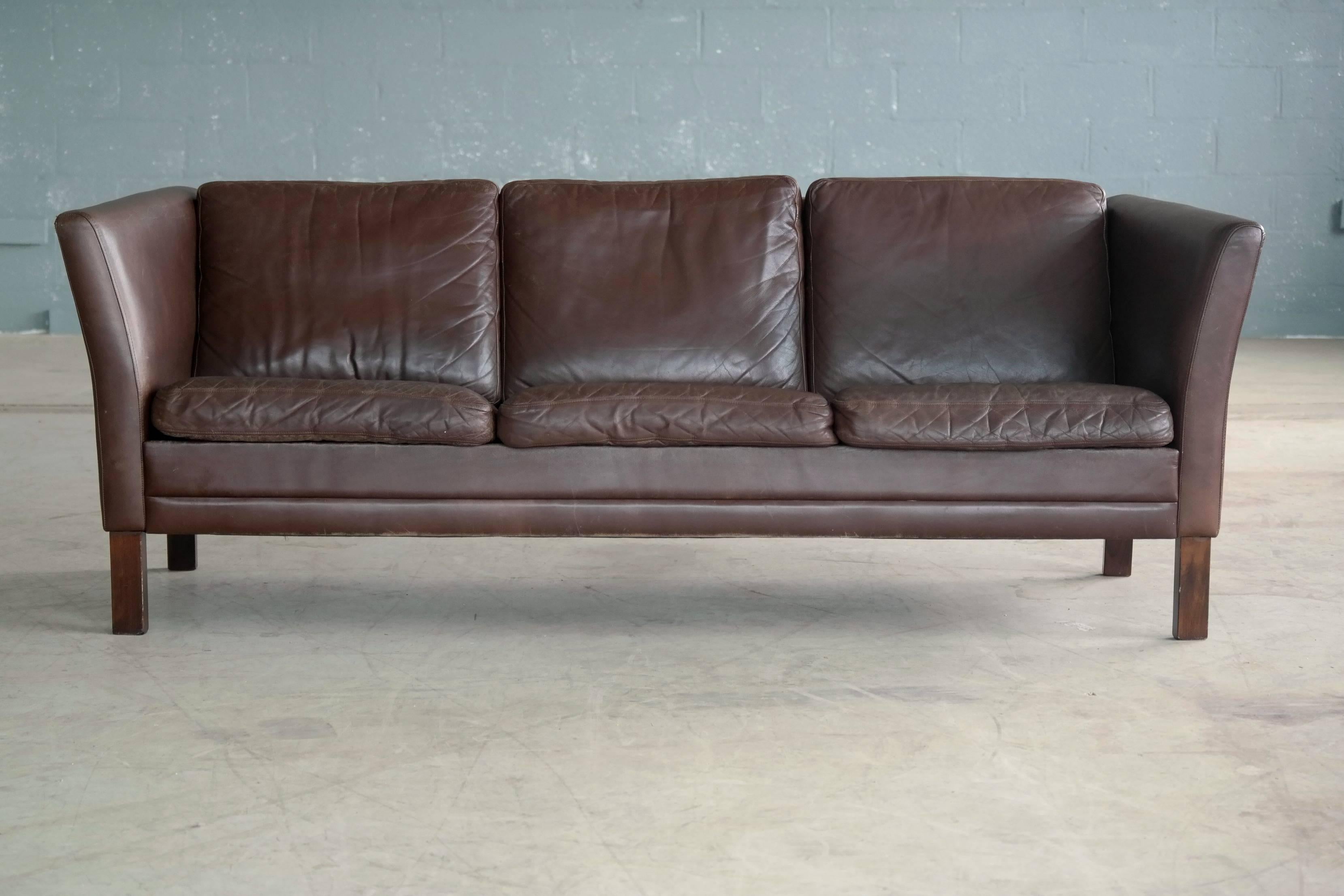 Danish Borge Mogensen Style Three-Seat Sofa in Chocolate Leather by Mogens Hansen