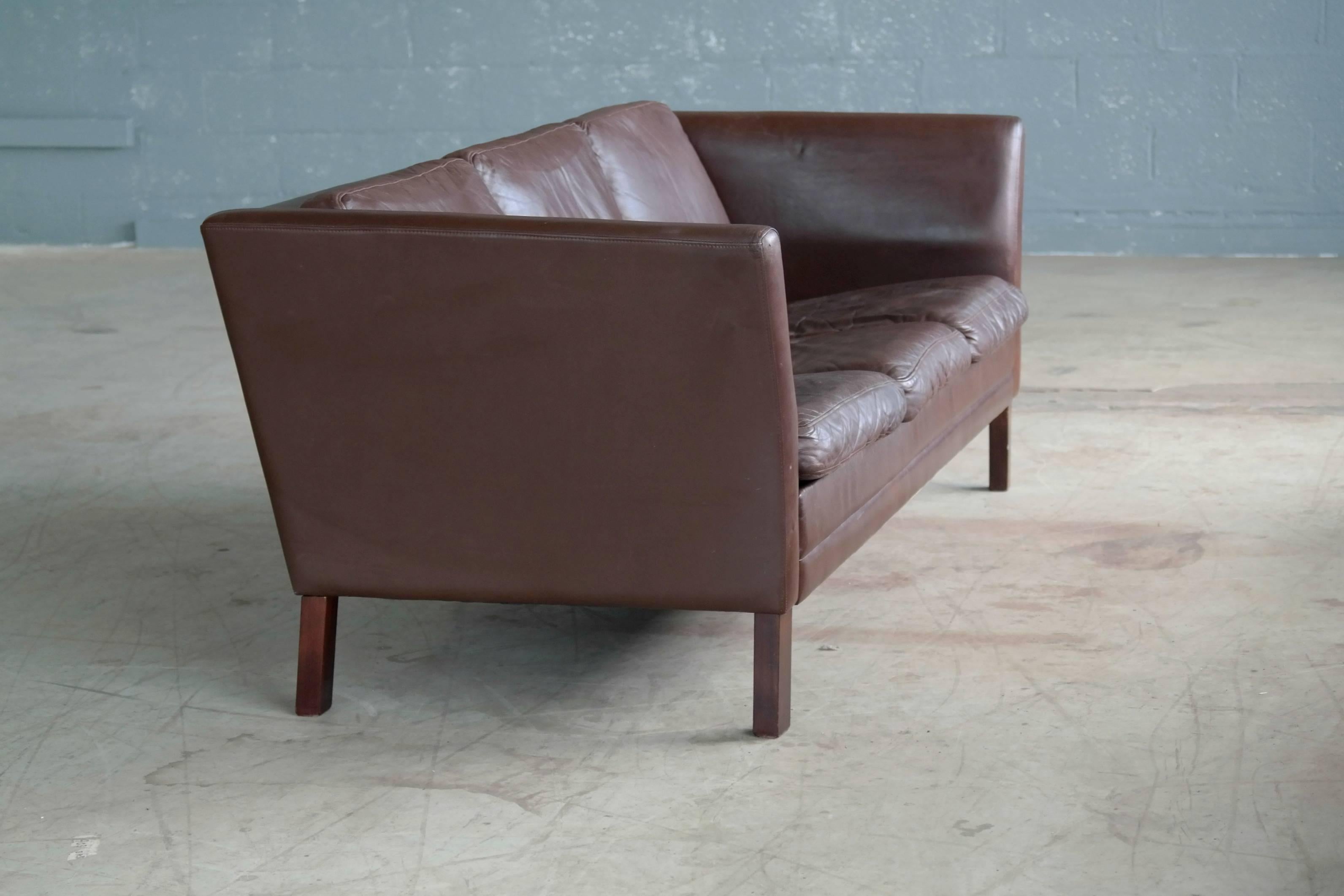 Late 20th Century Borge Mogensen Style Three-Seat Sofa in Chocolate Leather by Mogens Hansen