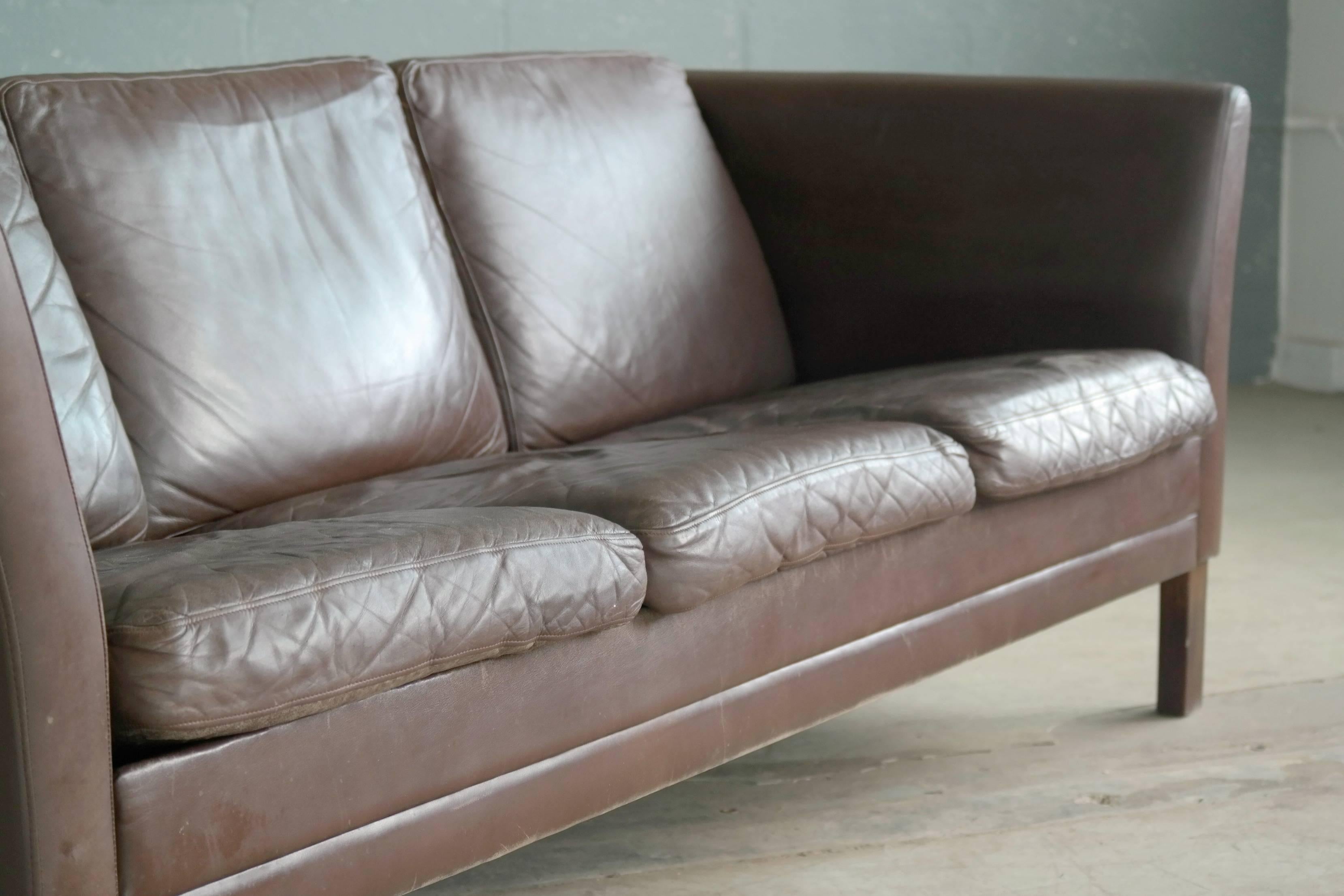 Borge Mogensen Style Three-Seat Sofa in Chocolate Leather by Mogens Hansen 1