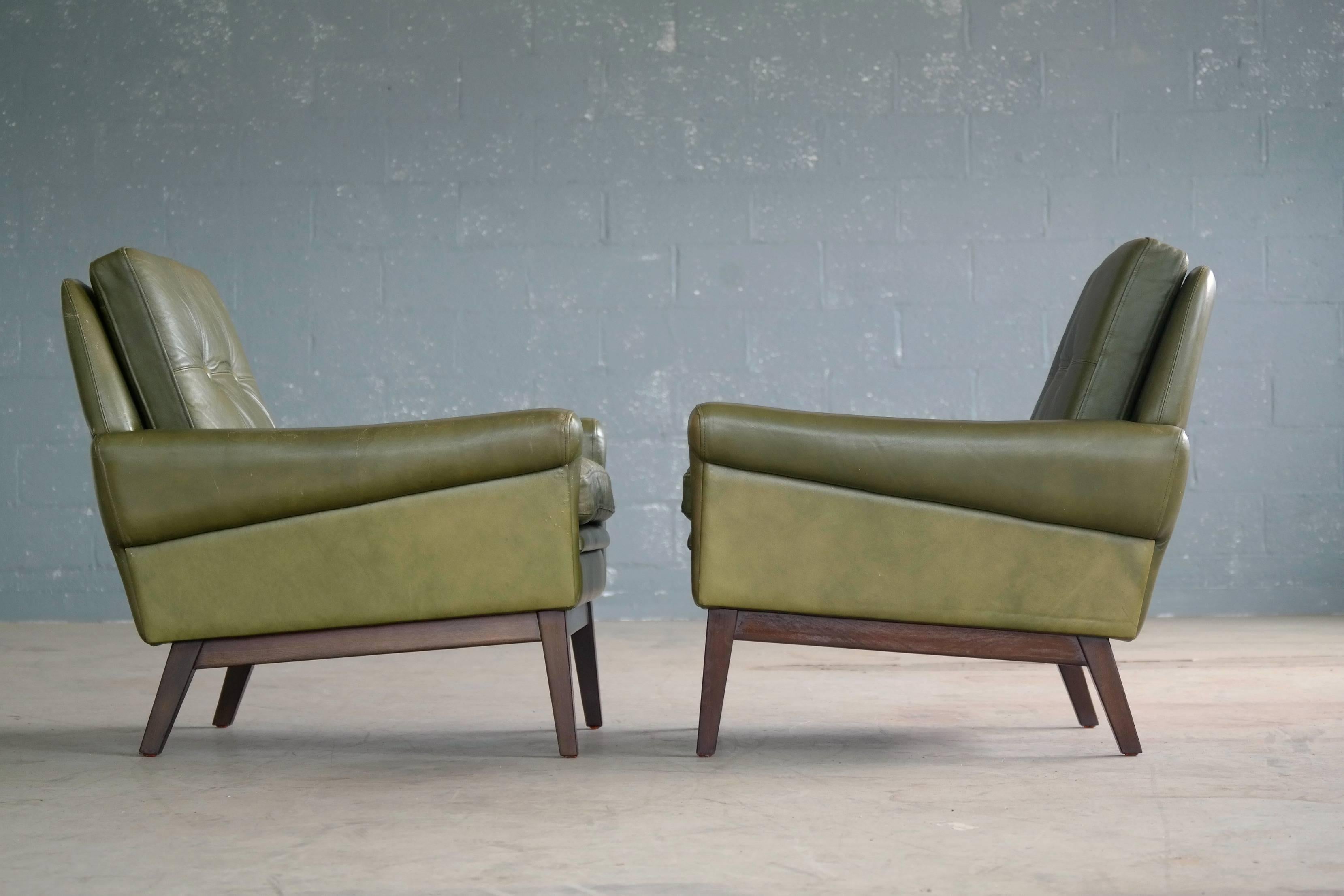 Danish Svend Skipper Pair of Lounge Chairs in Green Leather