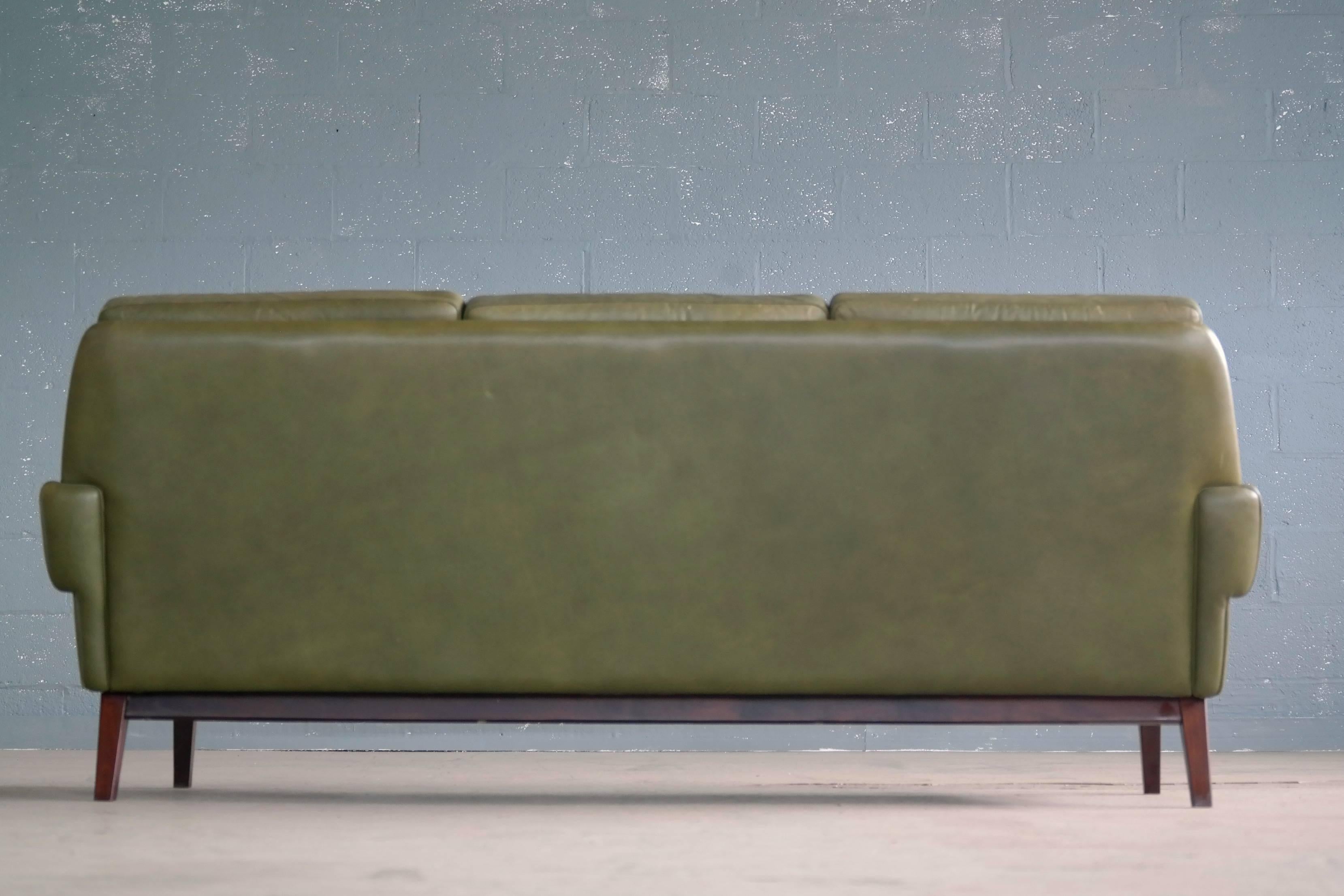 Mid-20th Century Svend Skipper Three-Seat Sofa in Green Leather, Denmark, 1960s