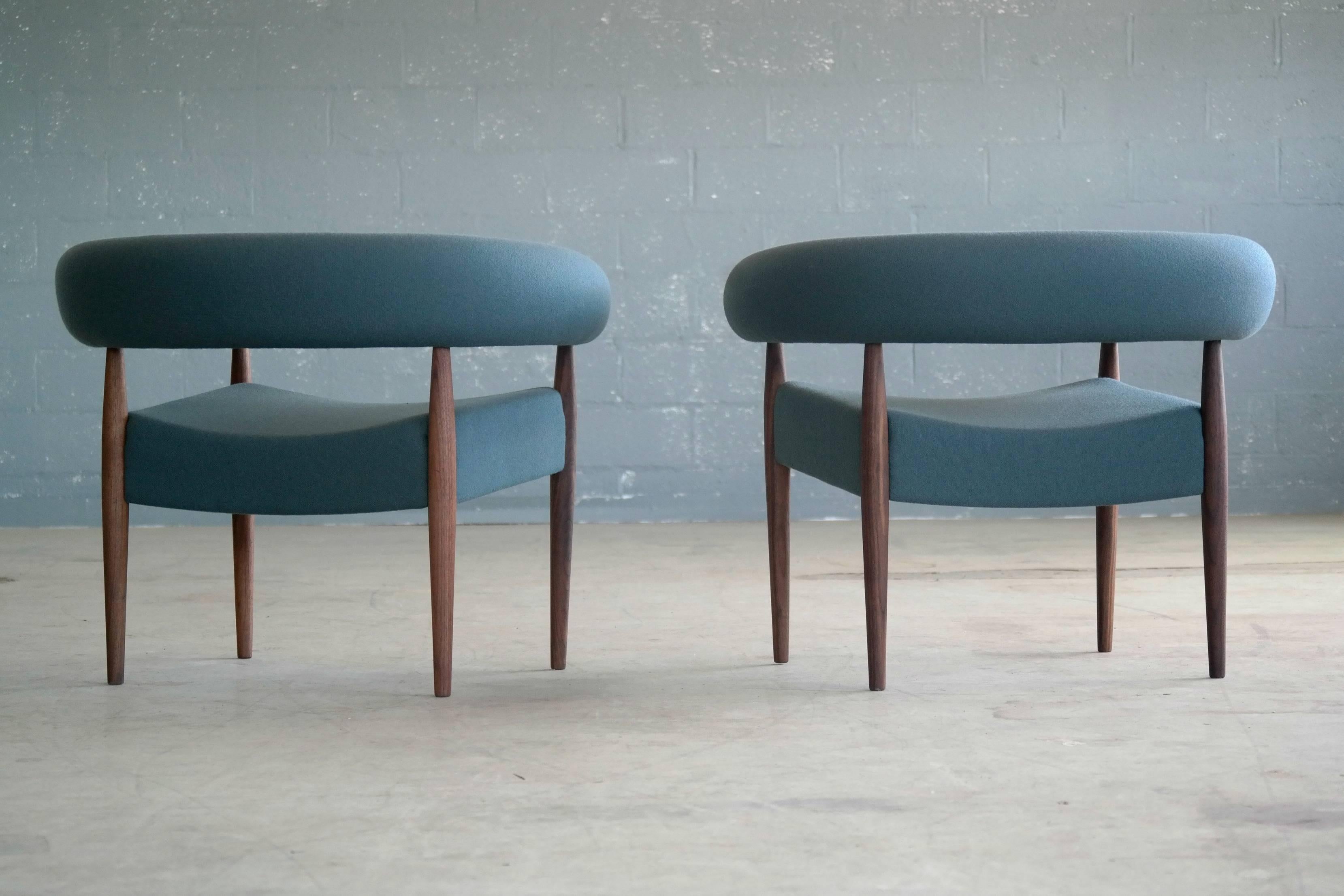 Mid-Century Modern Pair of Nanna Ditzel Ring Chairs in Walnut and Wool for GETAMA