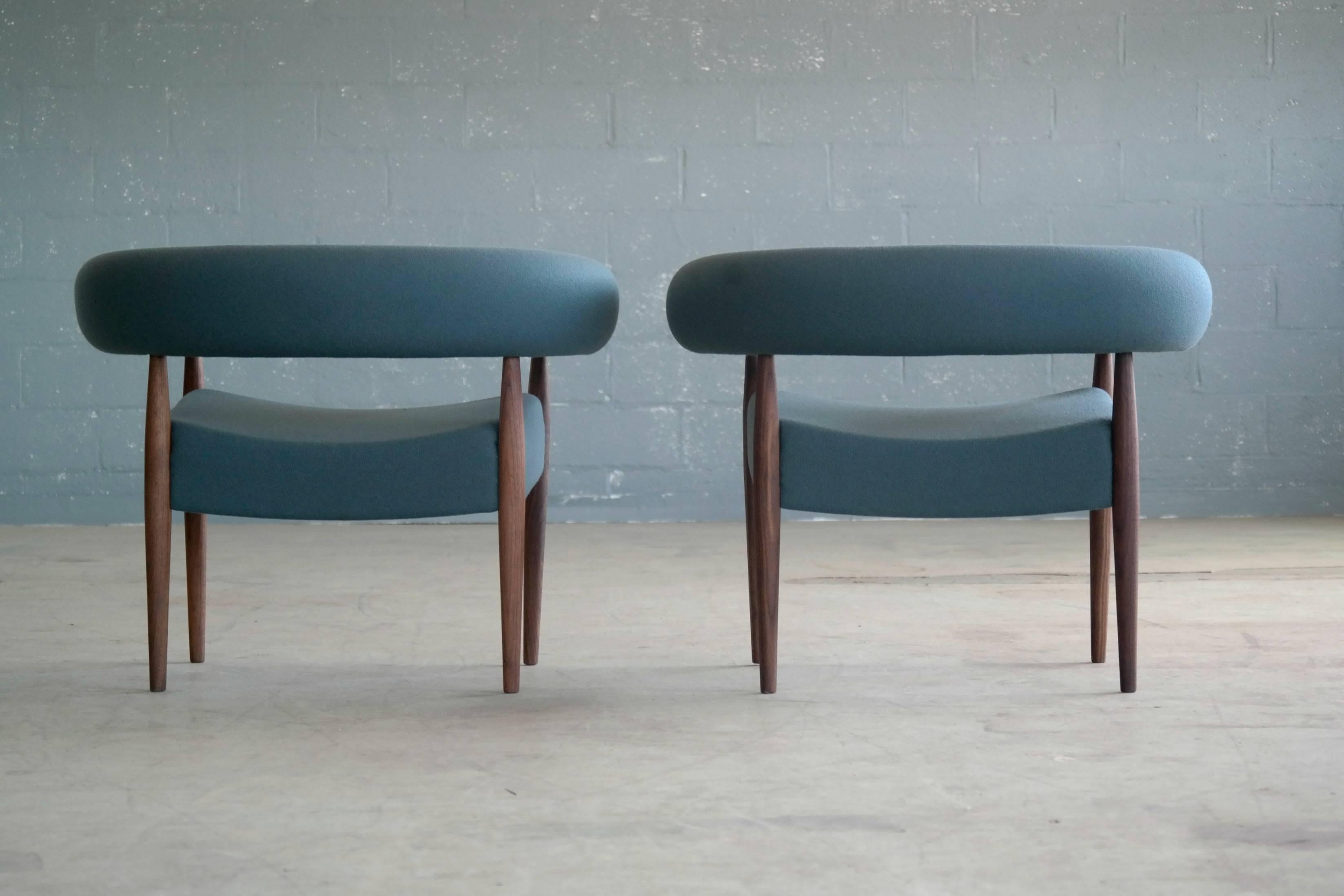 Danish Pair of Nanna Ditzel Ring Chairs in Walnut and Wool for GETAMA