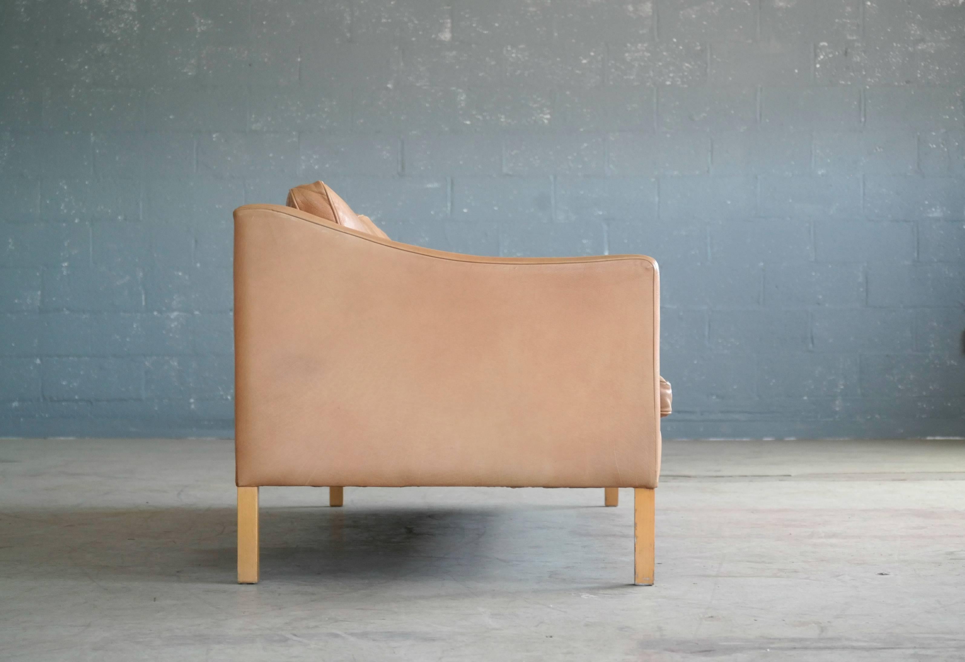 Danish Børge Mogensen Style Three-Seat Sofa Model 2213 in Tan Leather by Stouby Mobler