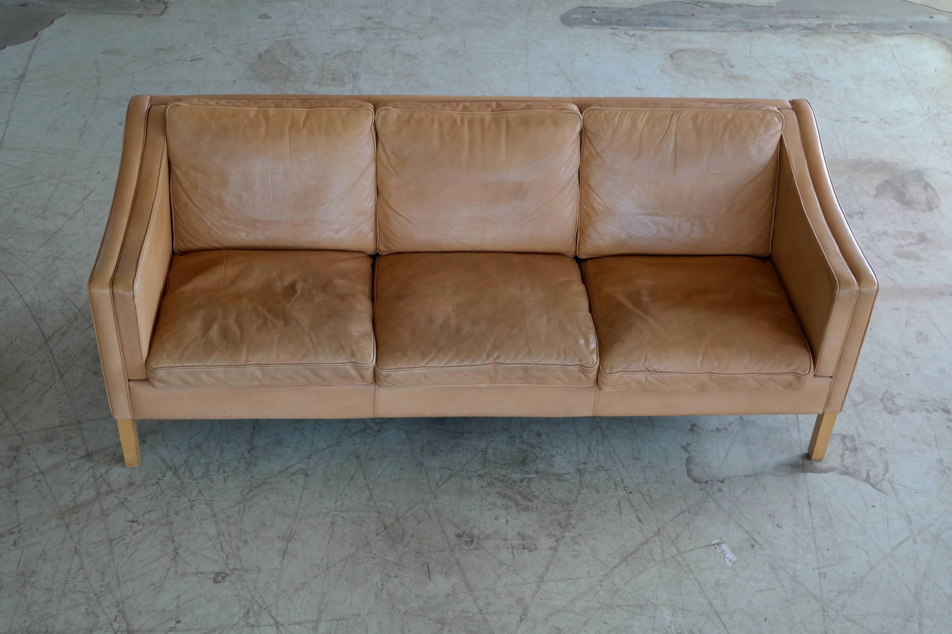 Børge Mogensen Style Three-Seat Sofa Model 2213 in Tan Leather by Stouby Mobler 2