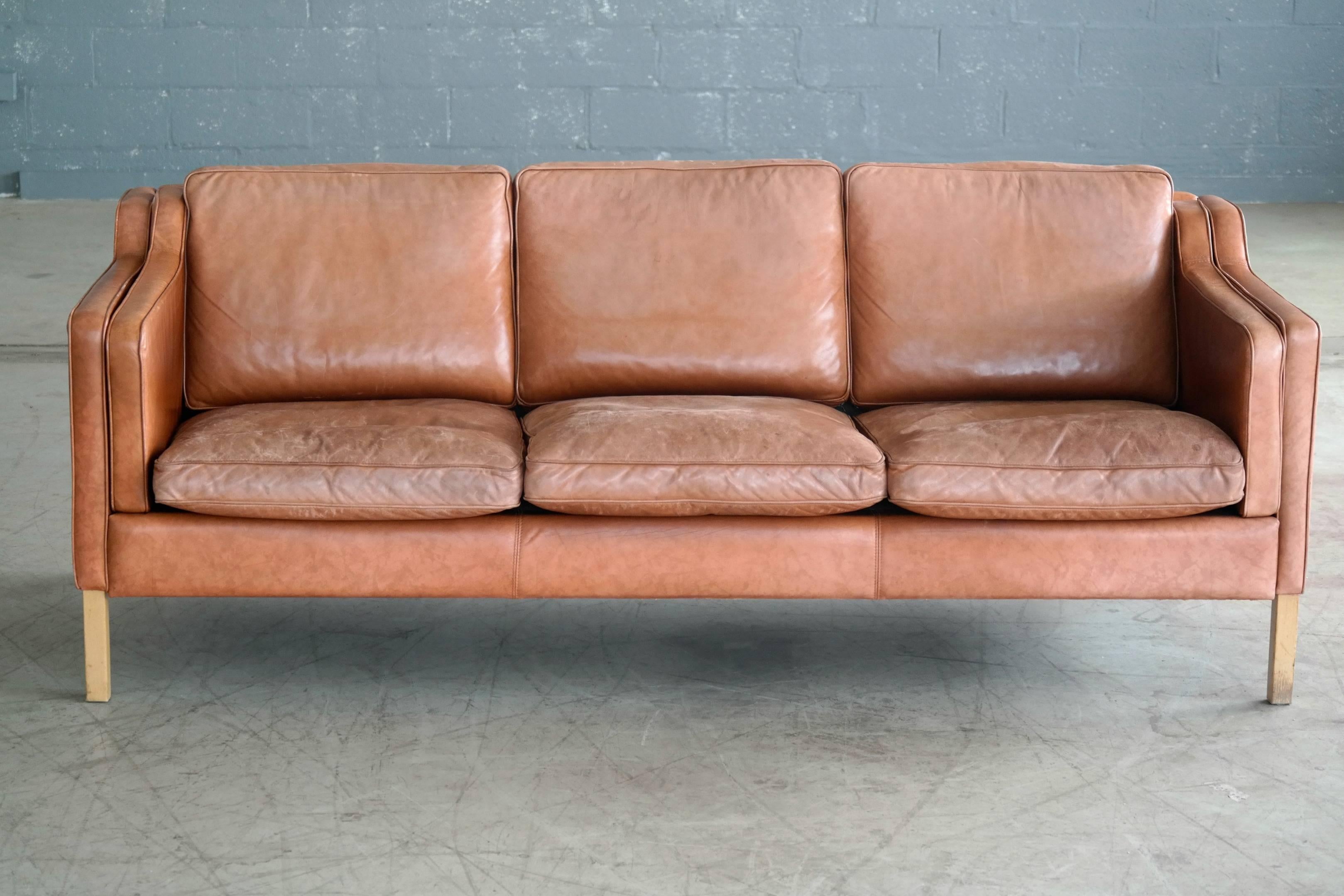 Danish Børge Mogensen Style Sofa Model 2213 in Light Cognac Leather by Stouby Mobler