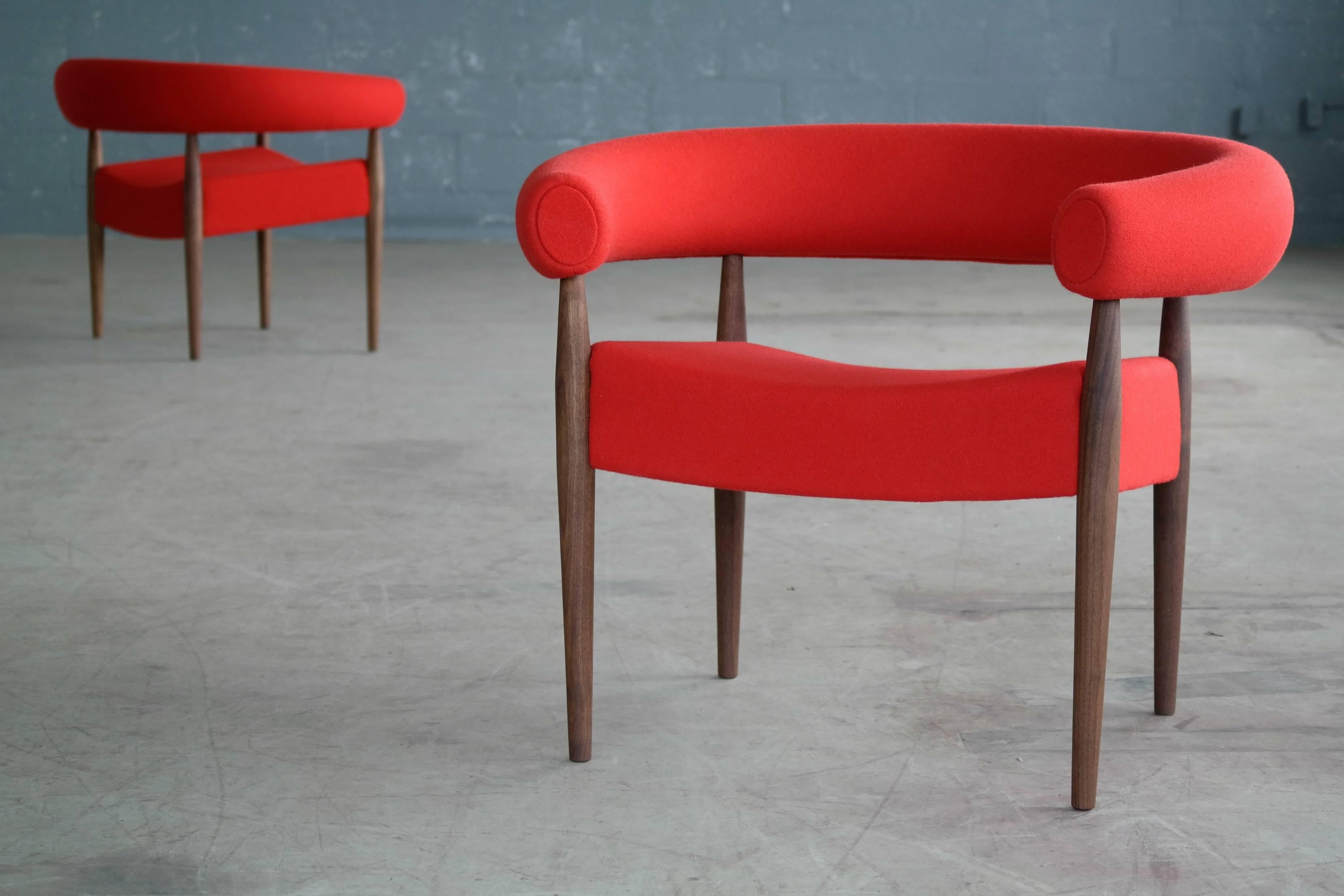 Mid-Century Modern Pair of Nanna Ditzel Ring Chairs in Walnut and Wool for GETAMA