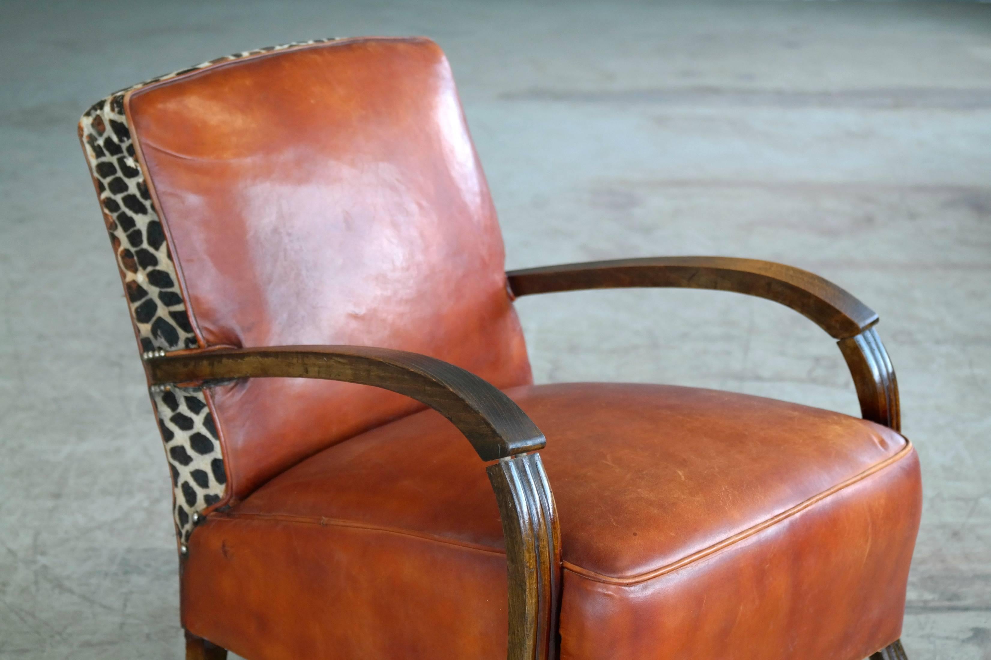 Art Deco Danish Small Lounge Chair in Cognac Leather and Brass and Leopard Accents, 1930s