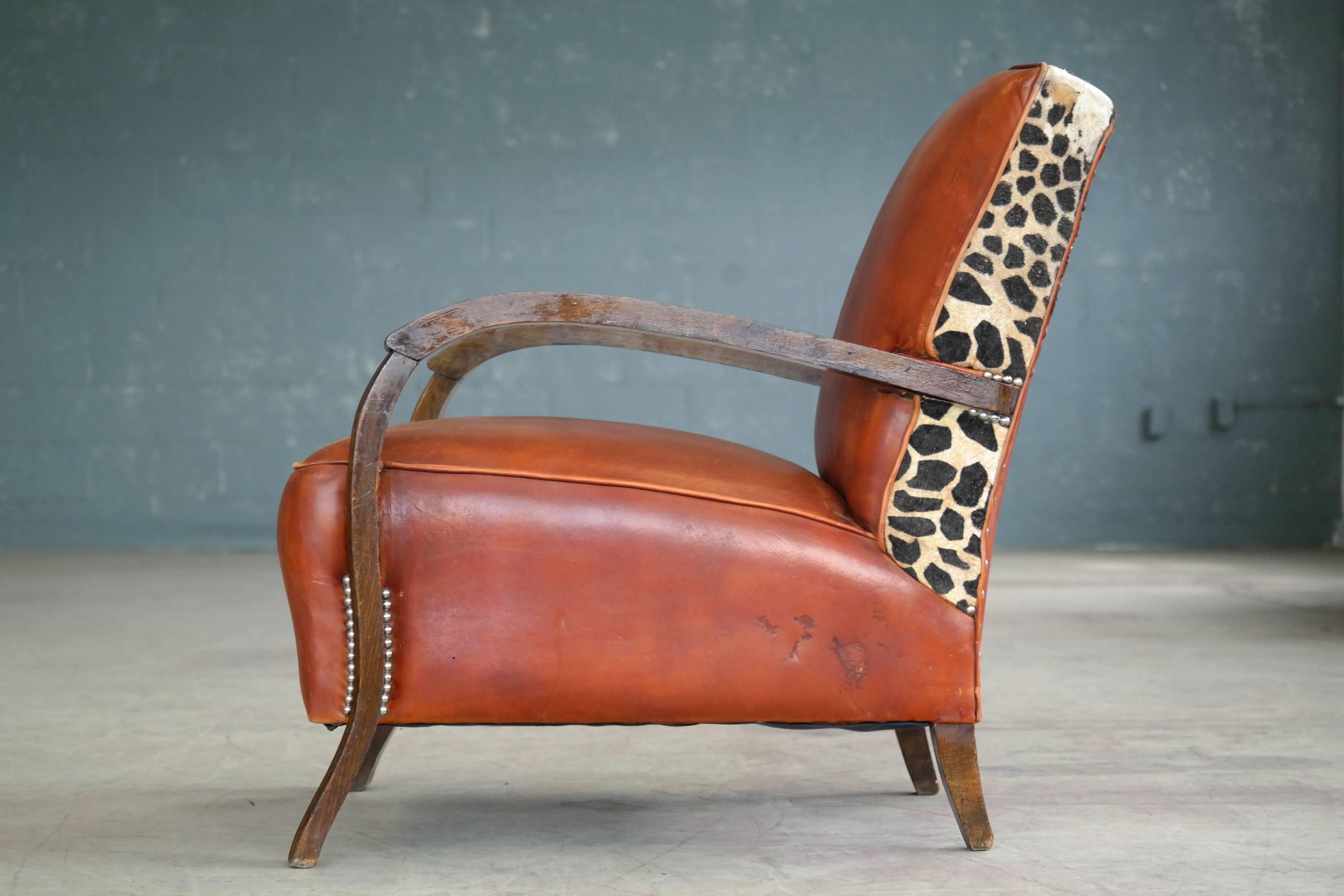 Danish Small Lounge Chair in Cognac Leather and Brass and Leopard Accents, 1930s In Good Condition In Bridgeport, CT