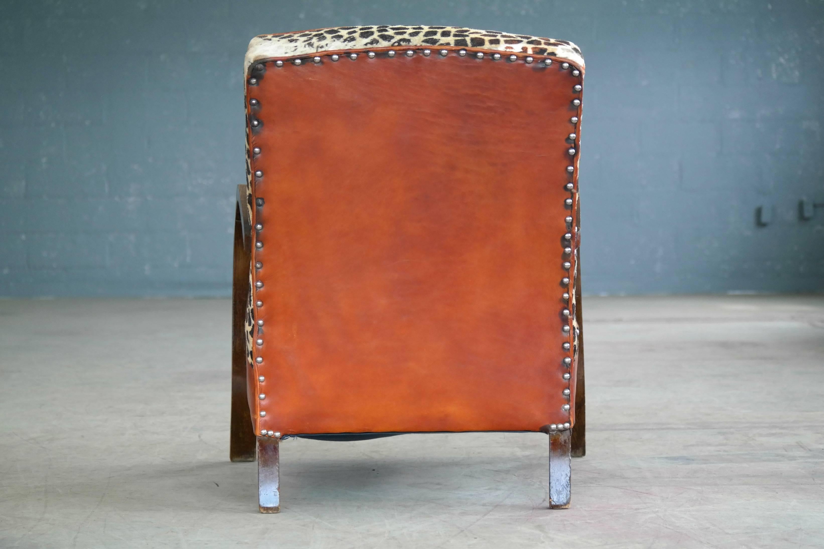 Danish Small Lounge Chair in Cognac Leather and Brass and Leopard Accents, 1930s 2