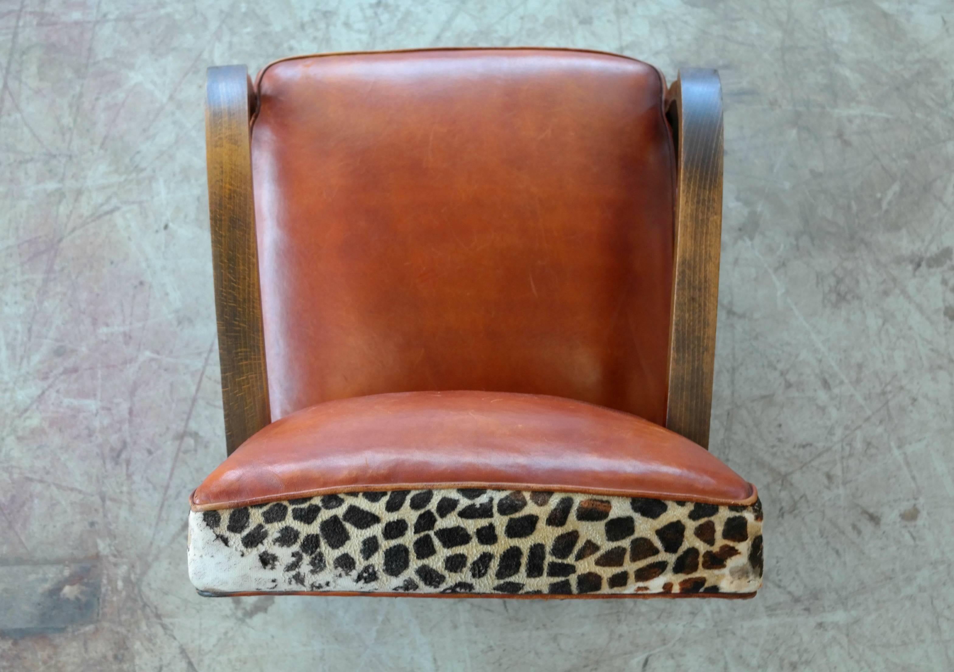 Danish Small Lounge Chair in Cognac Leather and Brass and Leopard Accents, 1930s 1