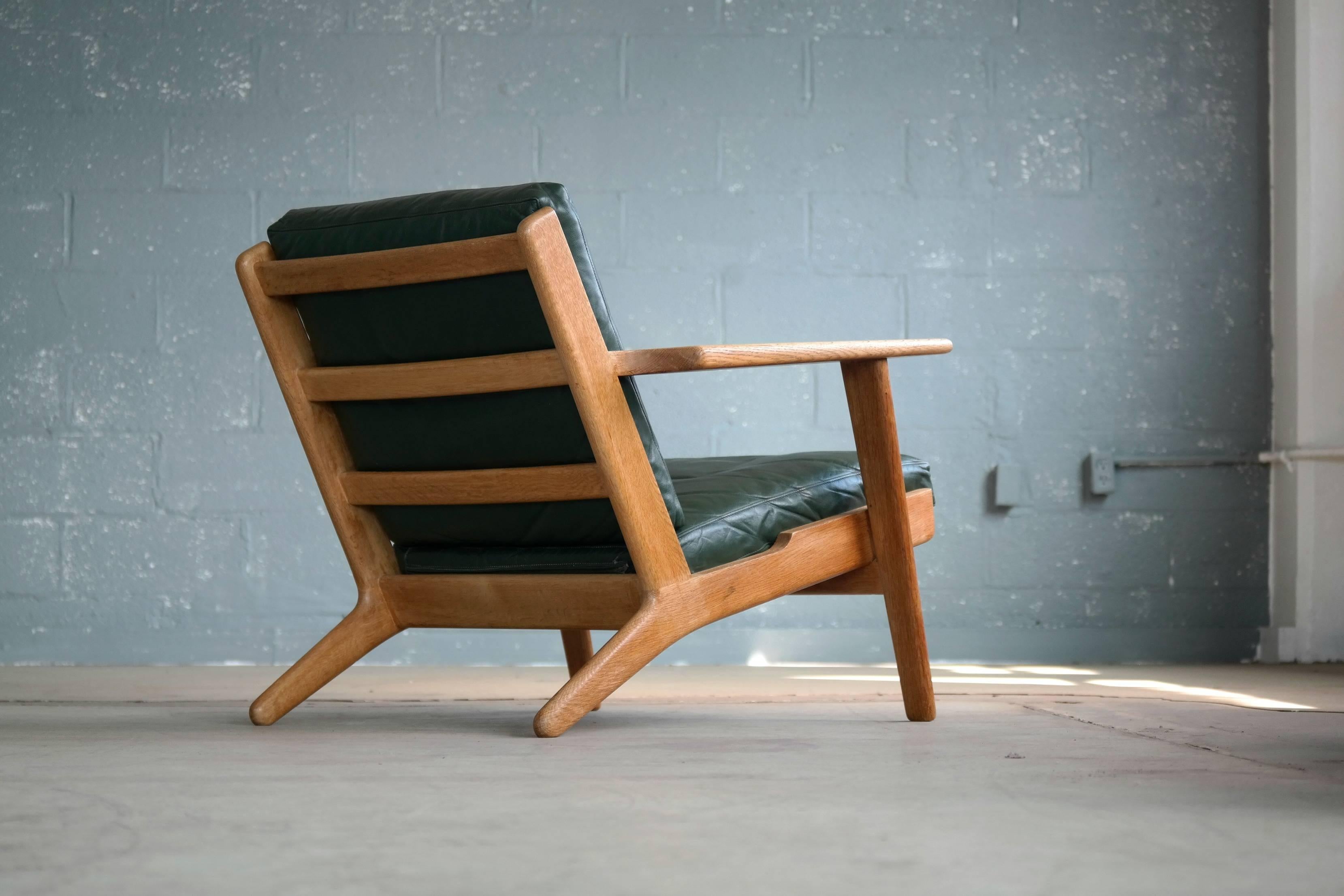 Danish Hans Wegner Low Back Lounge Chair Model GE290 for GETAMA Oak and Green Leather