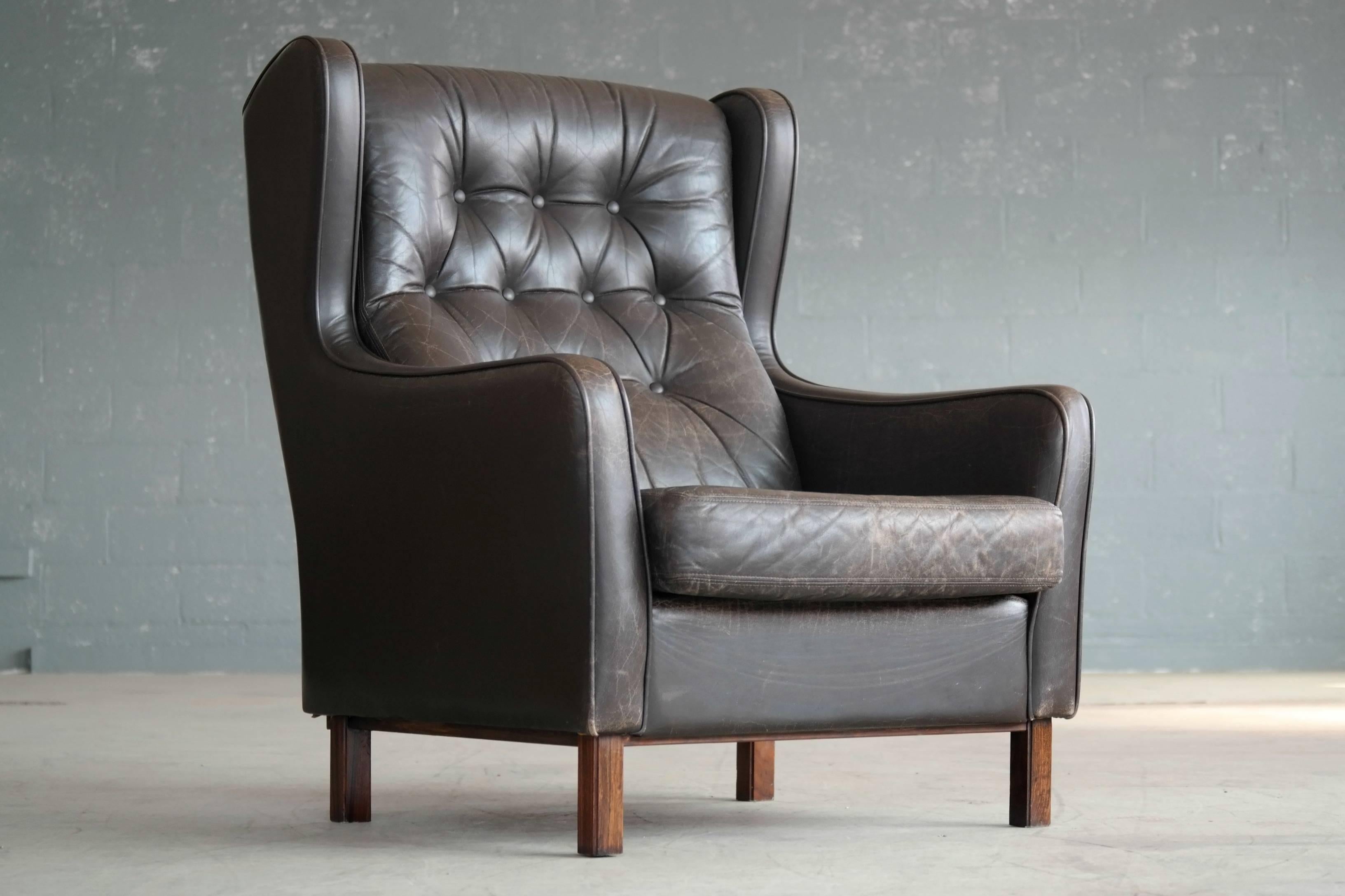 Danish Børge Mogensen Style High Back Wing Chair with Tufted Back in Espresso Leather