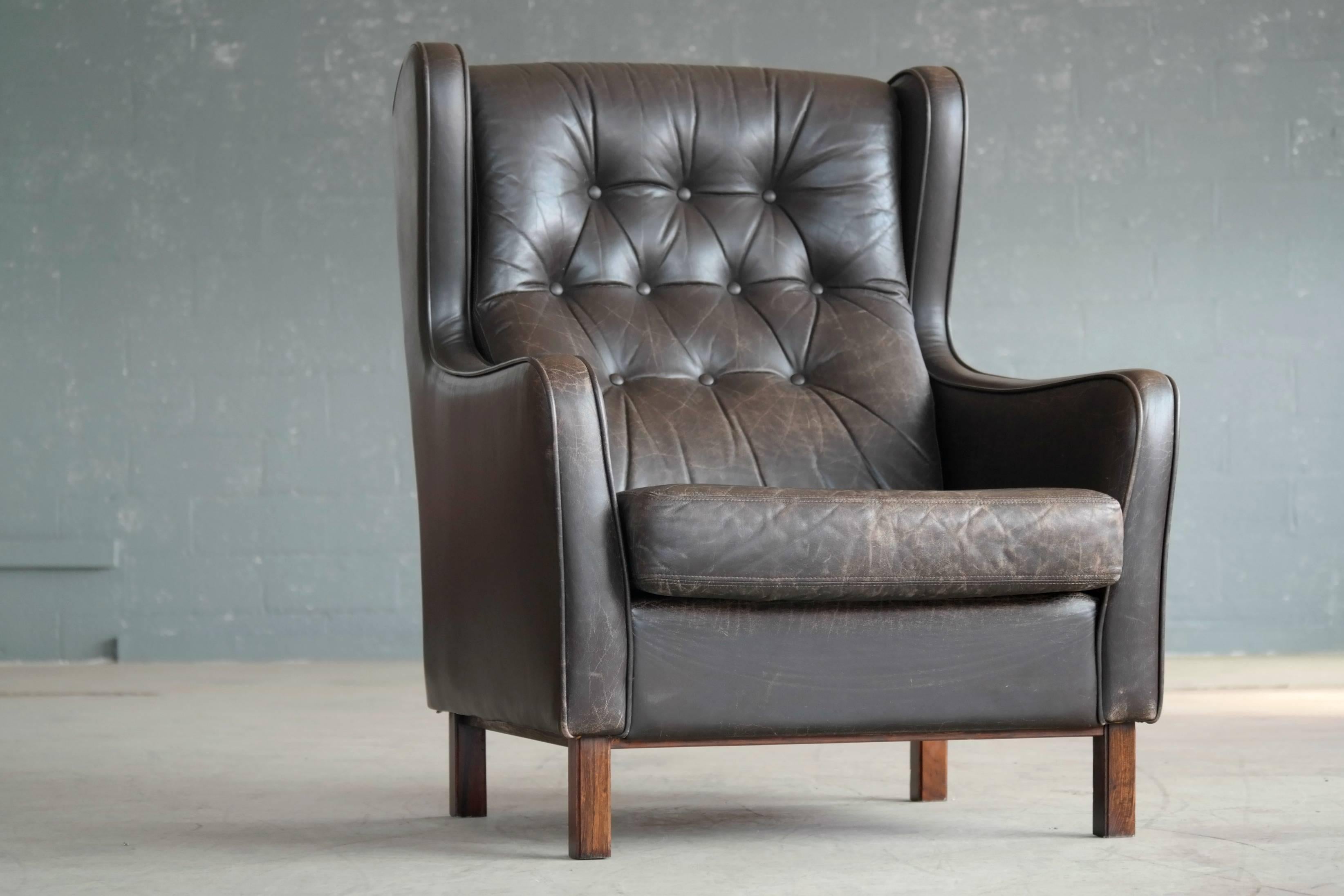 Mid-20th Century Børge Mogensen Style High Back Wing Chair with Tufted Back in Espresso Leather