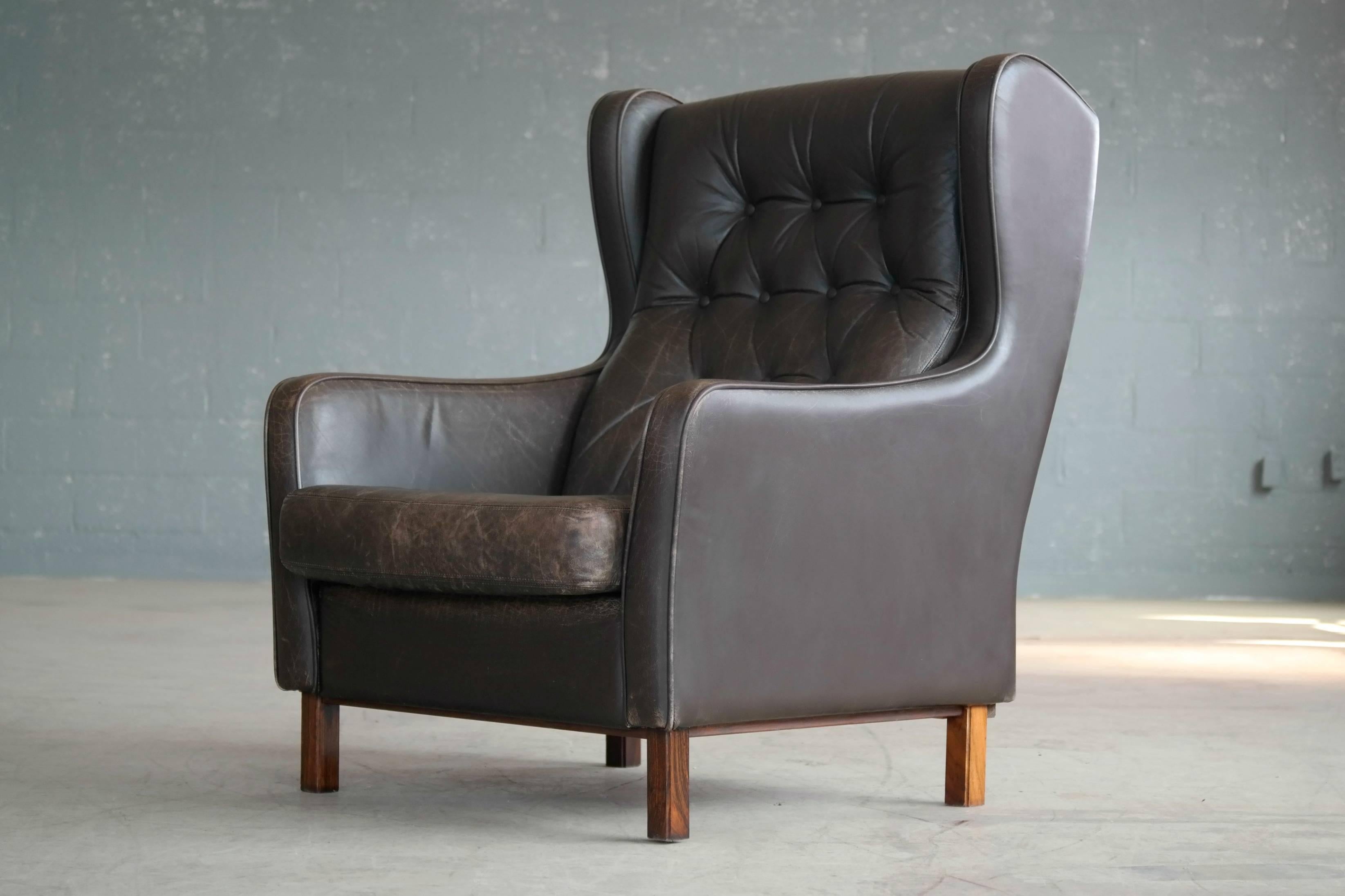 Børge Mogensen Style High Back Wing Chair with Tufted Back in Espresso Leather In Good Condition In Bridgeport, CT