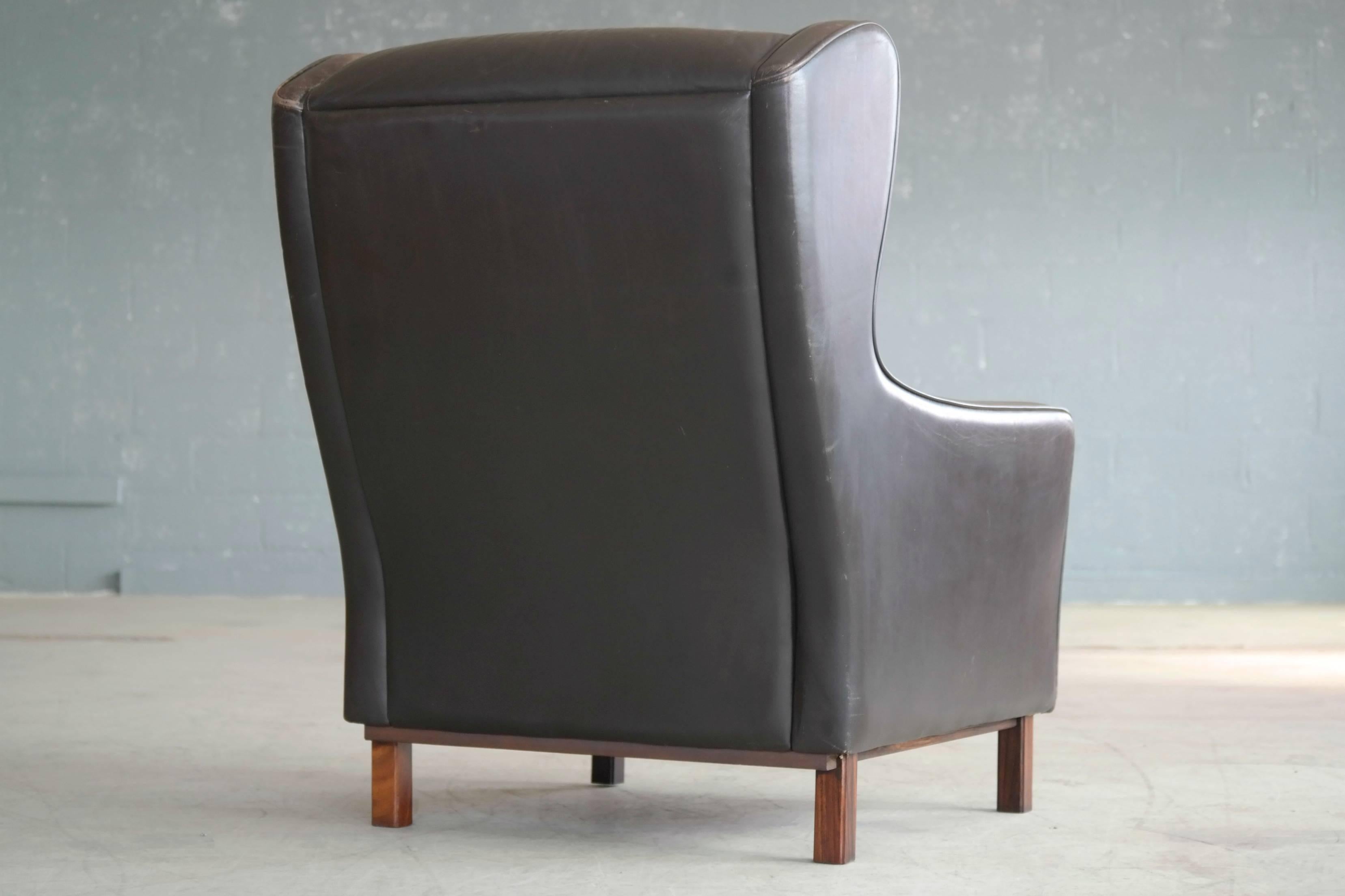 Børge Mogensen Style High Back Wing Chair with Tufted Back in Espresso Leather 1