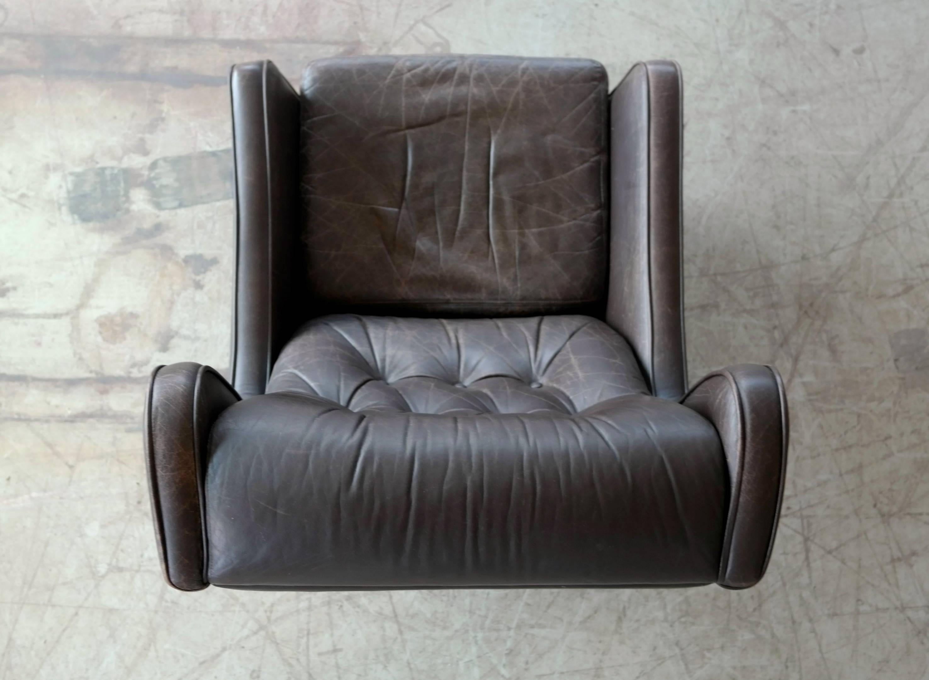 Børge Mogensen Style High Back Wing Chair with Tufted Back in Espresso Leather 2