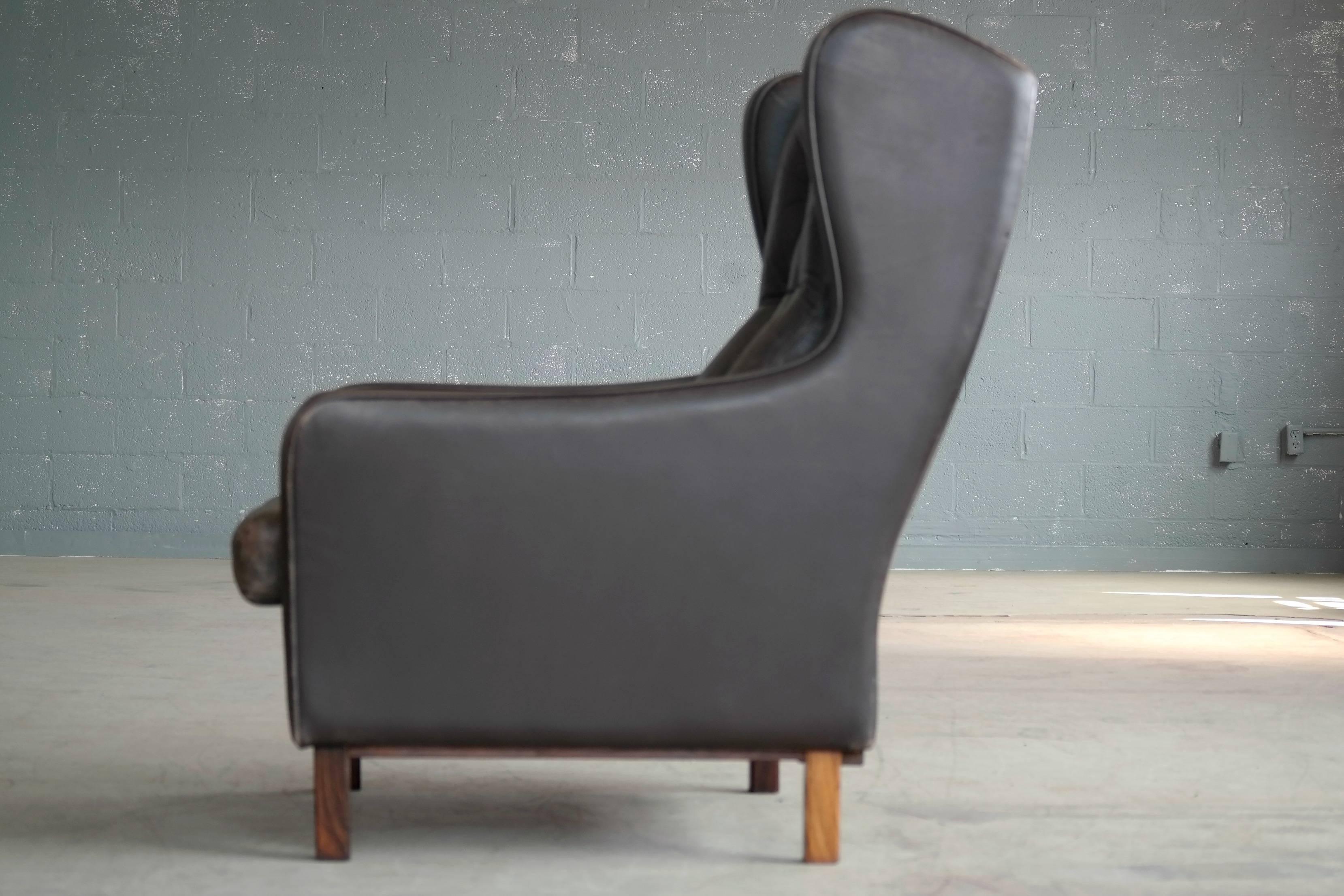 Børge Mogensen Style High Back Wing Chair with Tufted Back in Espresso Leather 3